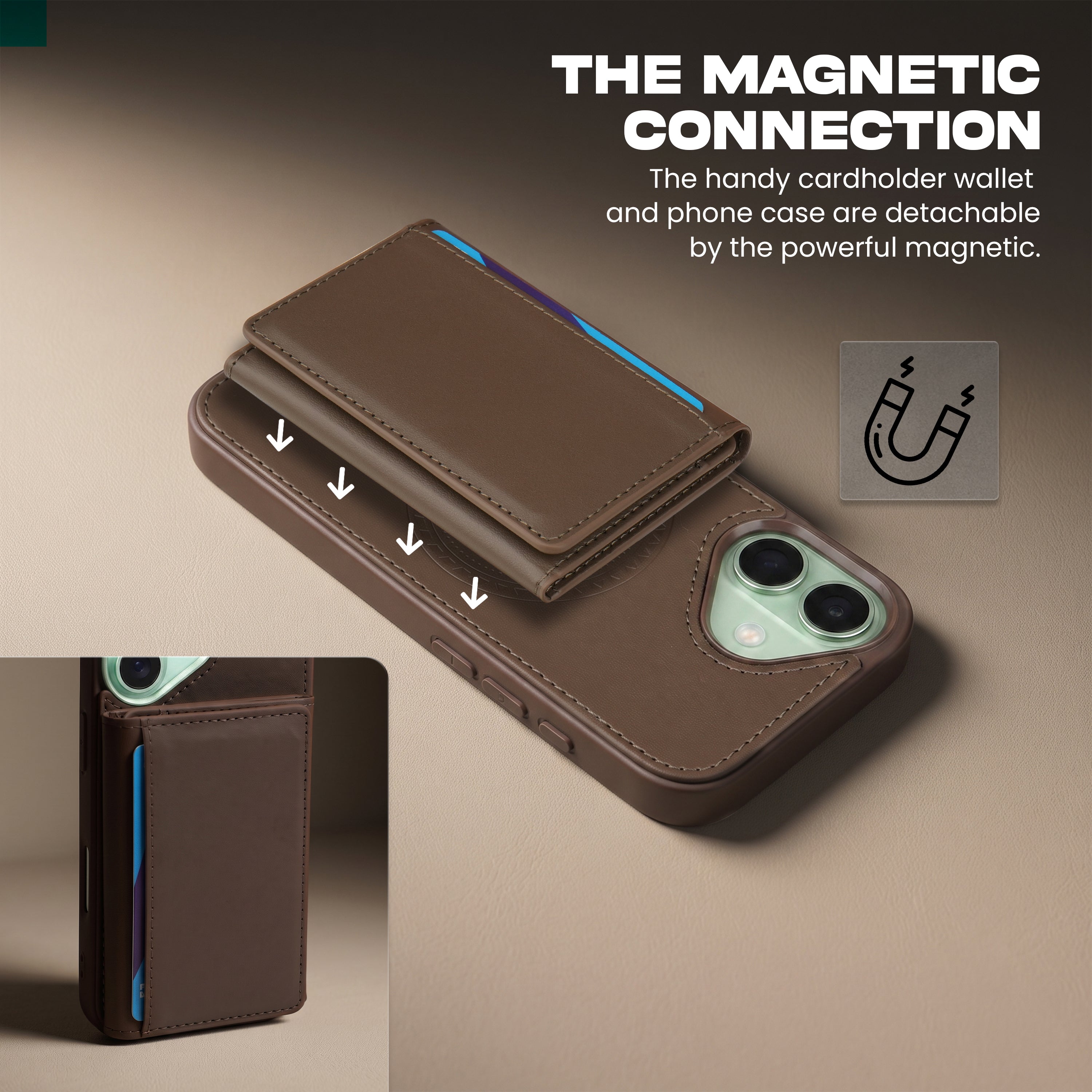 iPhone 16 Magnetic Case with Detachable Cardholder - Brown