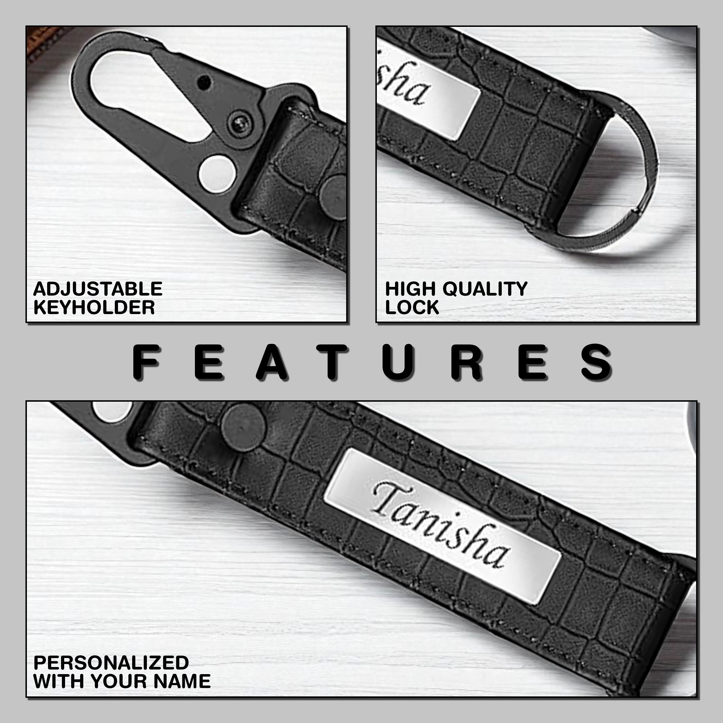 Personalized Croco Design Keychain With Name - Black