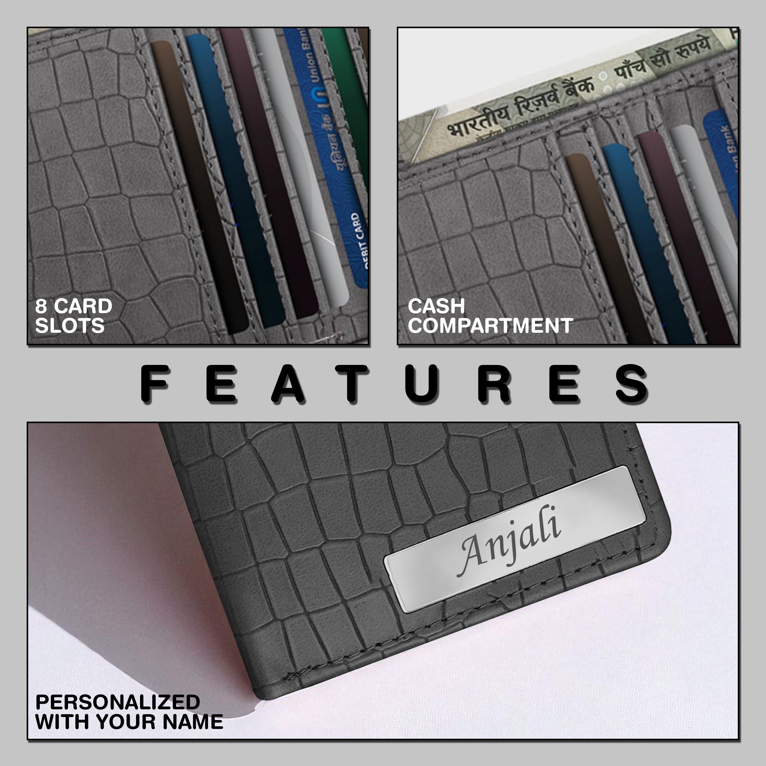 Personalized Croco Design Cardholder With Name - Grey