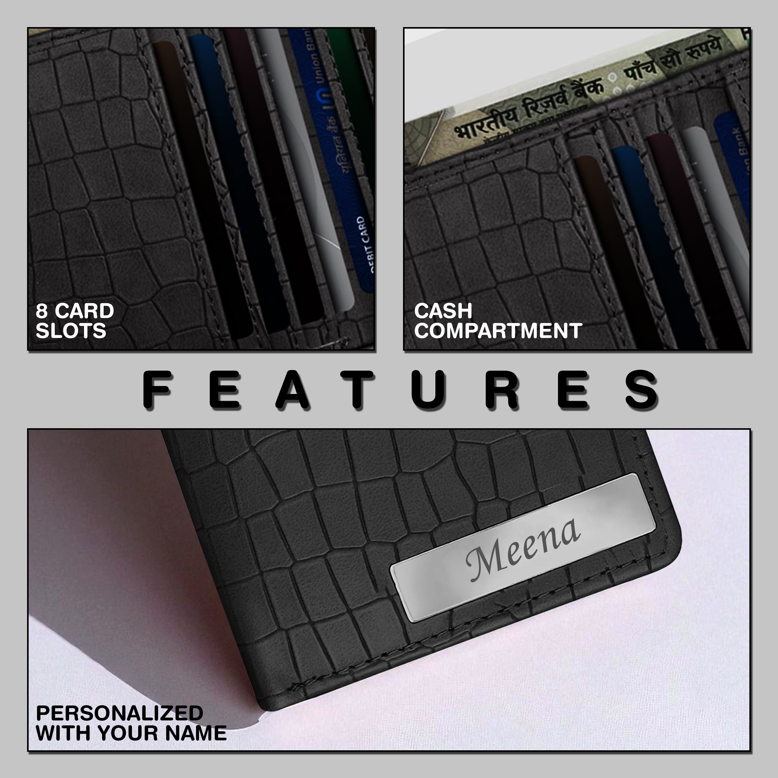 Personalized Croco Design Cardholder With Name - Black