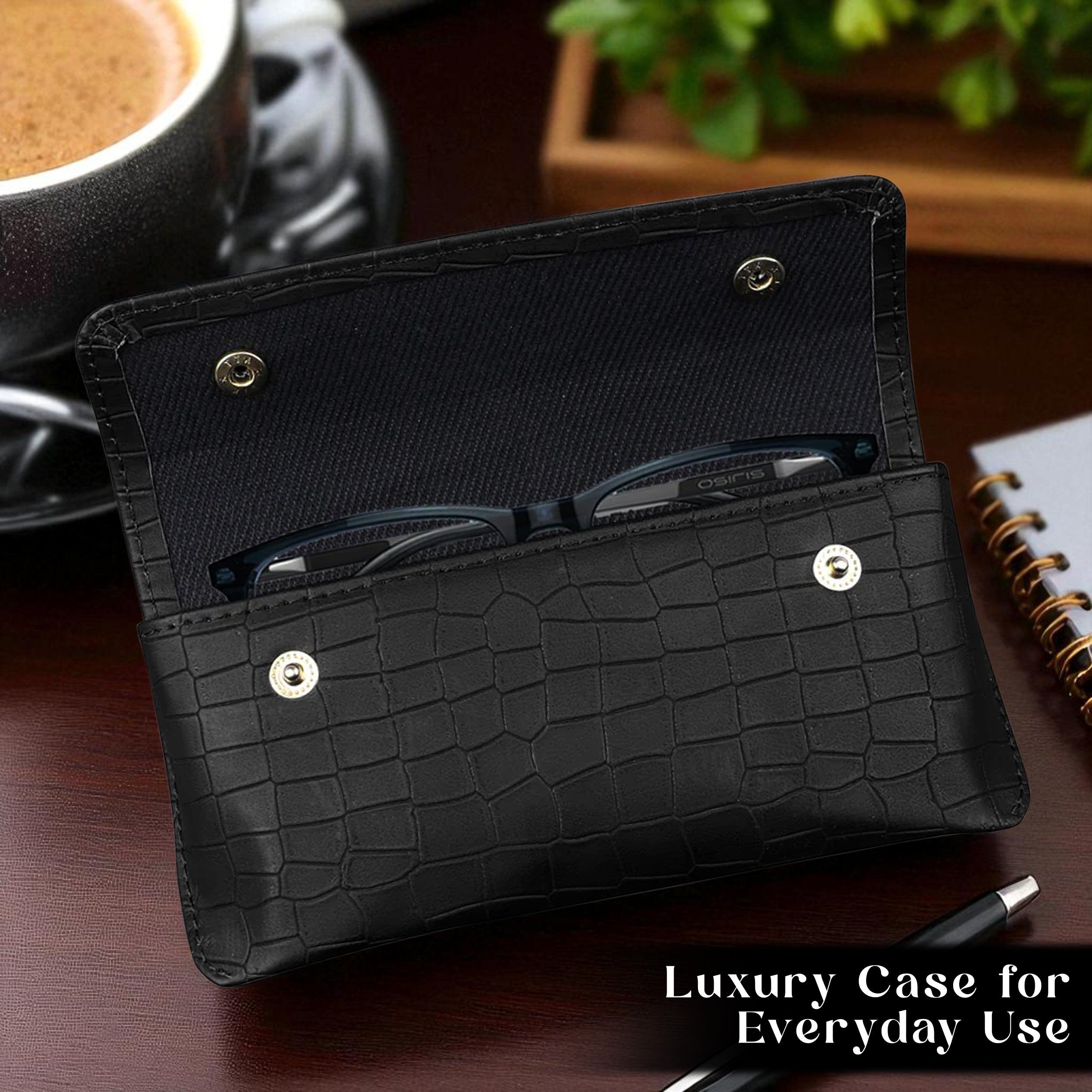 Personalized Croco Design Eyewear Case With Name - Black