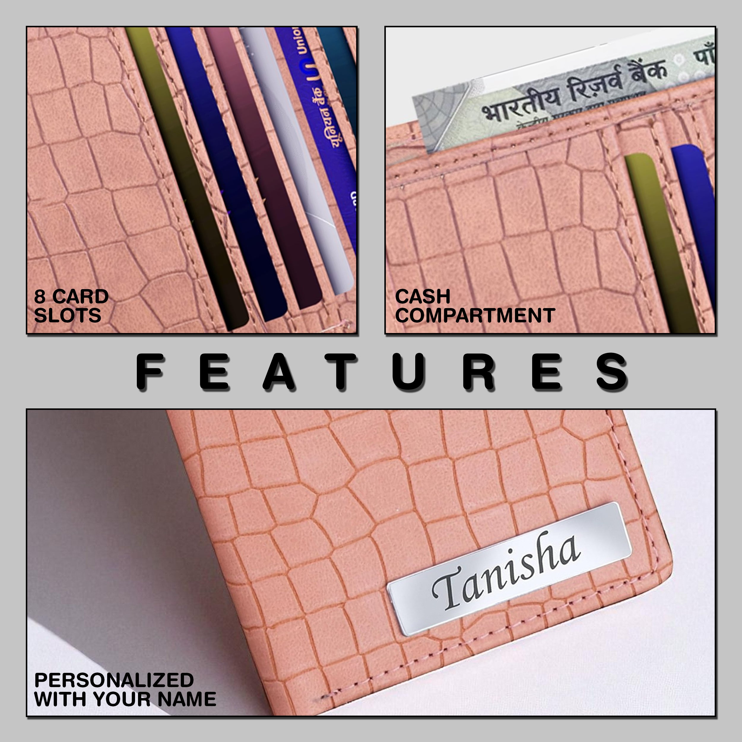 Personalized Croco Design Cardholder With Name - Beige