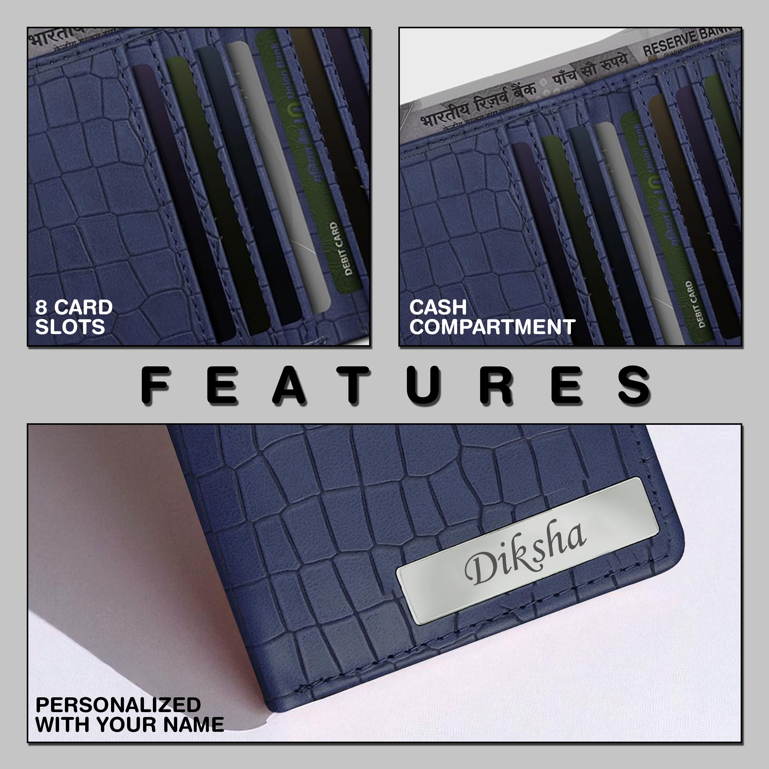 Personalized Croco Design Cardholder With Name - Blue