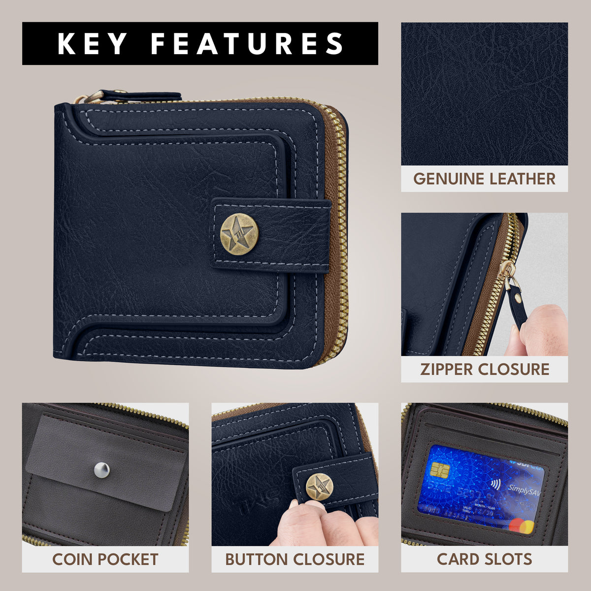 Knight Shield Genuine Leather Zipper Wallet - Blue