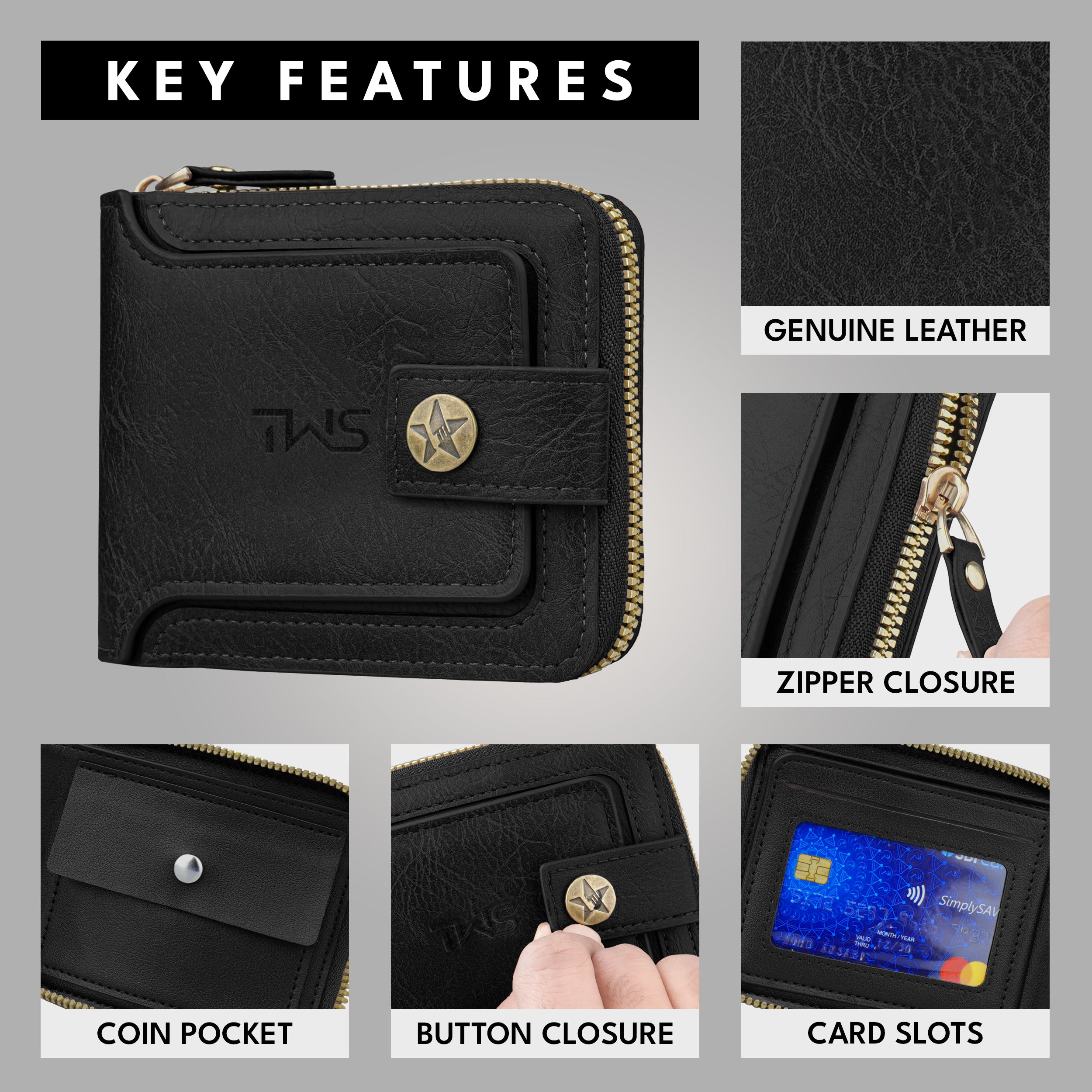Knight Shield Genuine Leather Zipper Wallet - Black