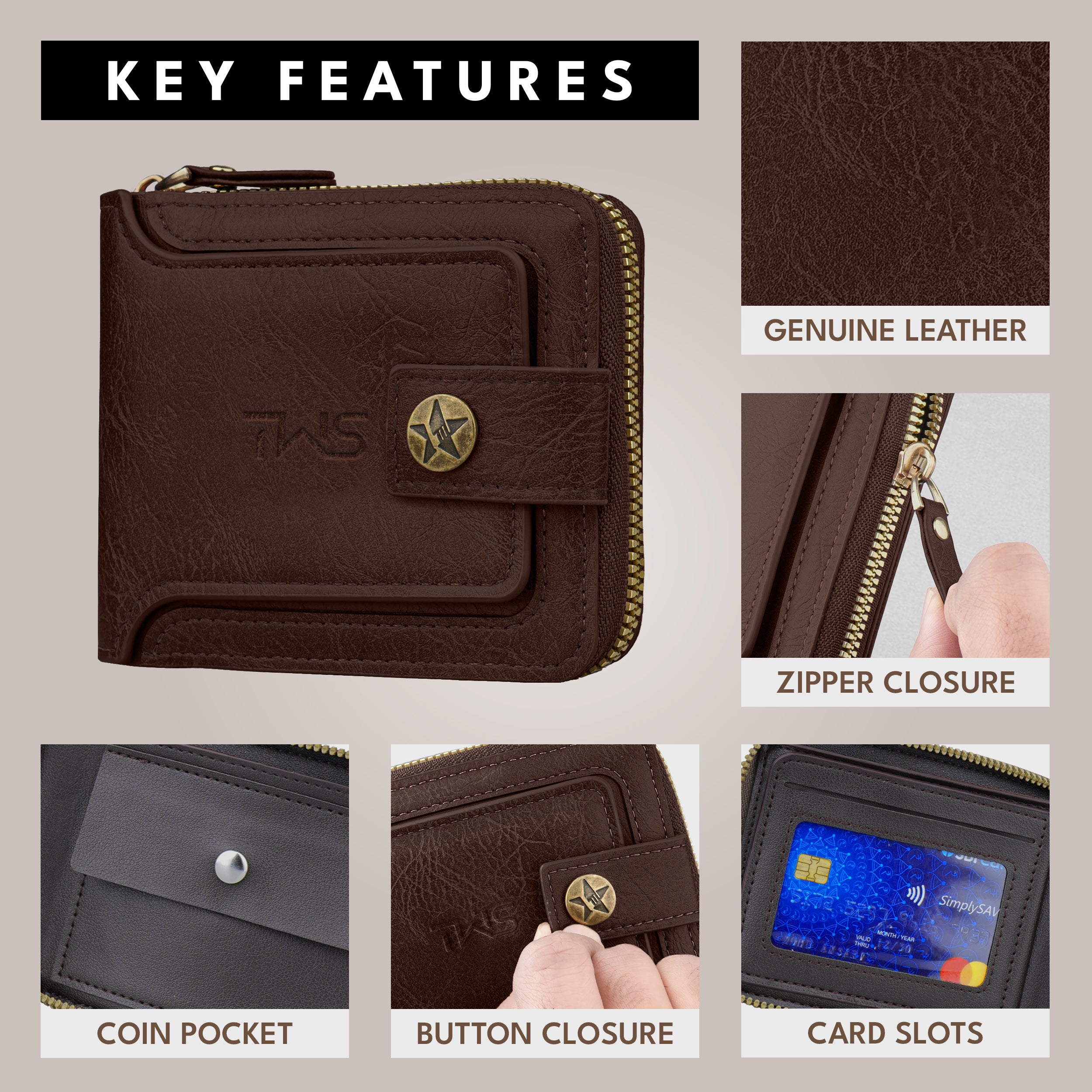 Knight Shield Genuine Leather Zipper Wallet - Dark Brown