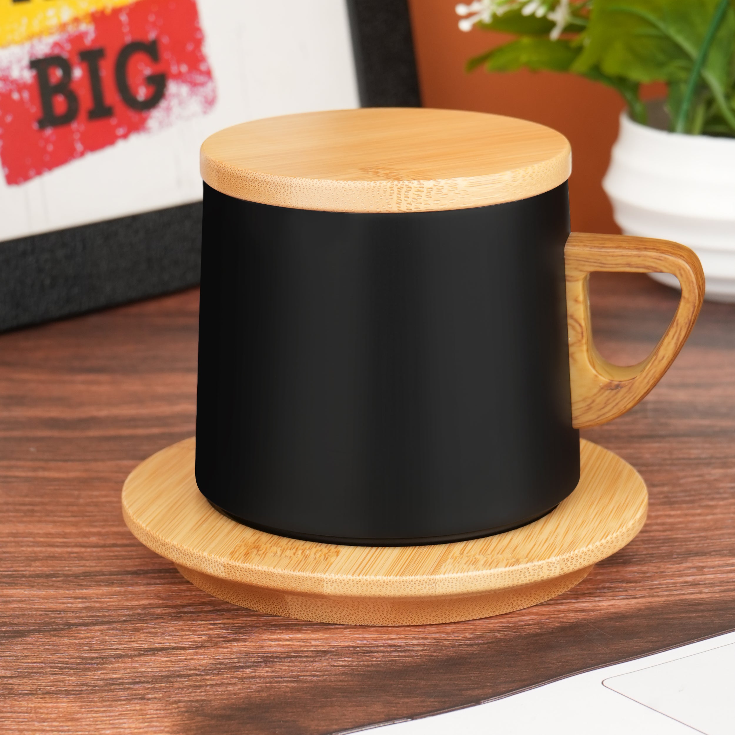 Eco Brew Ceramic Coffee Mug With Bamboo Lid & Saucer - Black