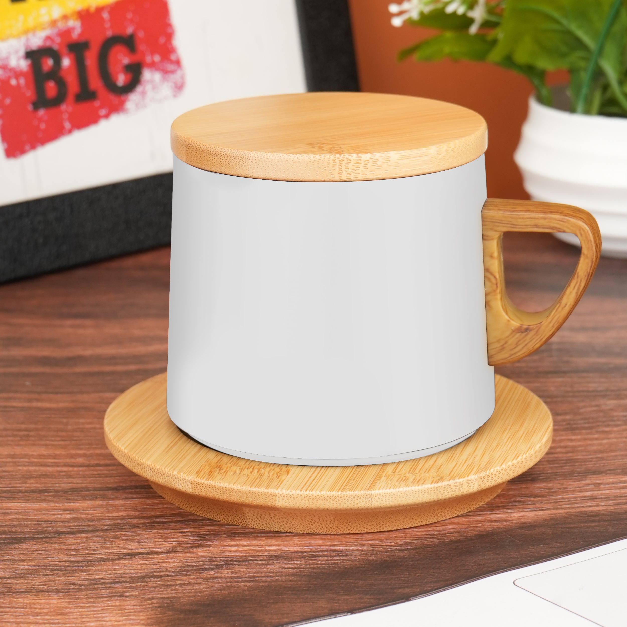 Eco Brew Ceramic Coffee Mug With Bamboo Lid & Saucer - White