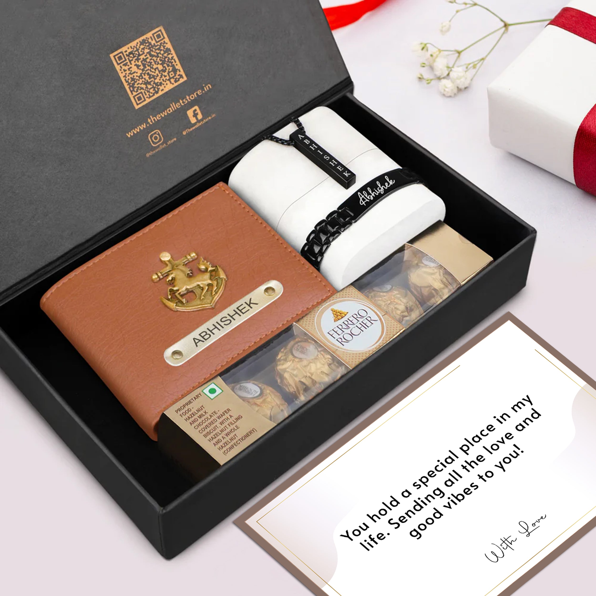 Personalized Premium Delight Wallet, Bracelet & Necklace with Chocolates Gift Set