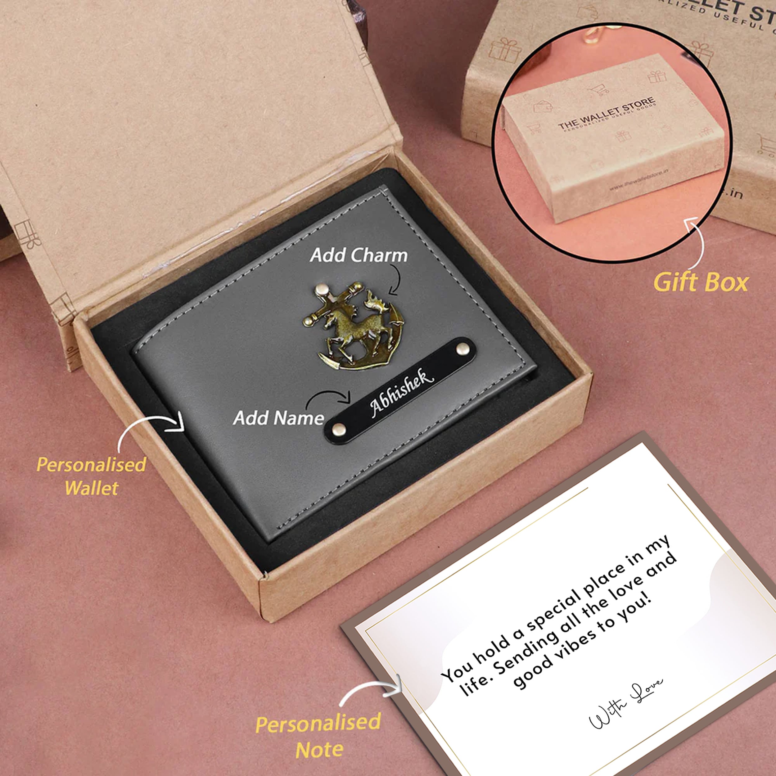 Personalized Leather Wallet With Name & Charm For Men