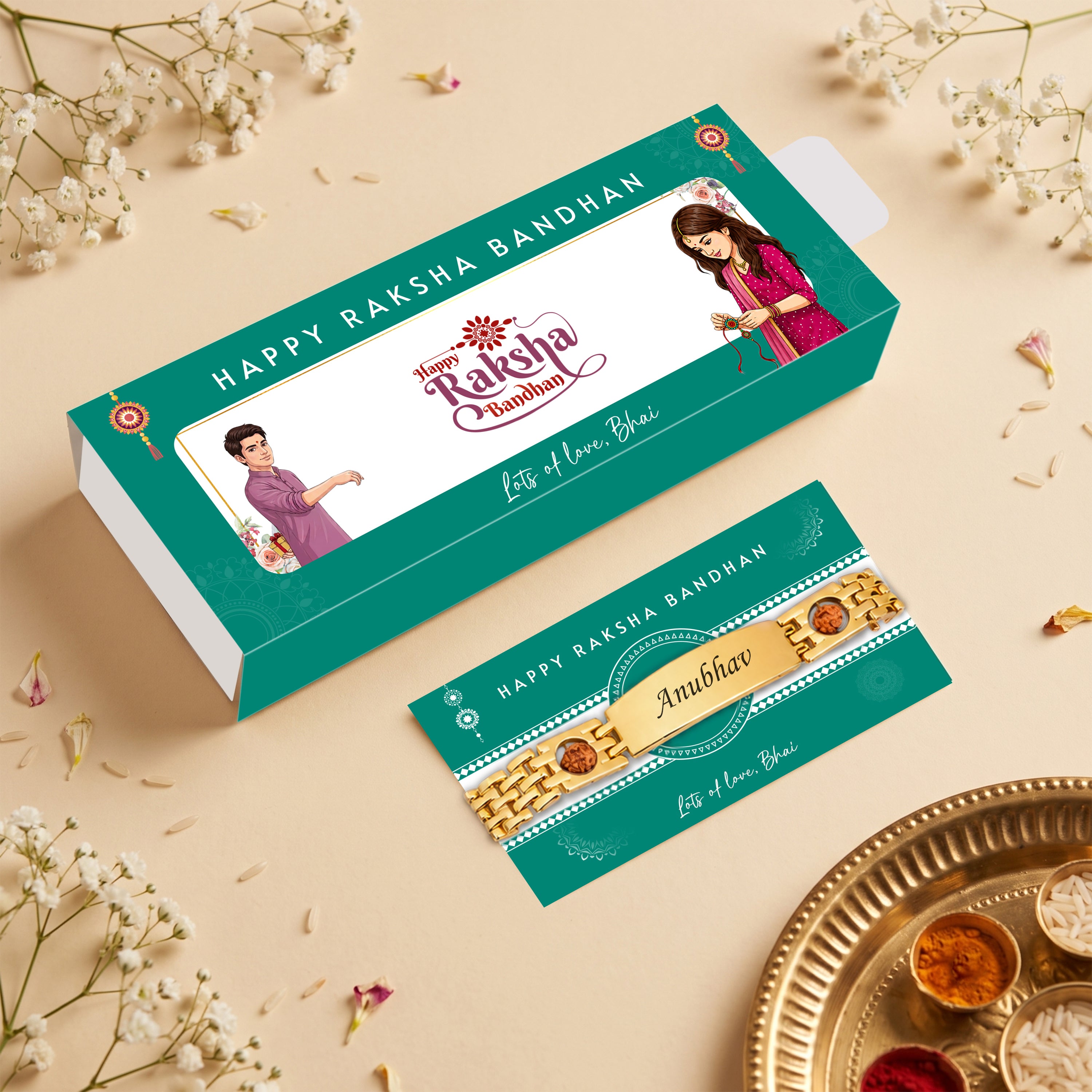 Personalized Rudra Bandhan Bracelet Rakhi With Gift Box - Golden