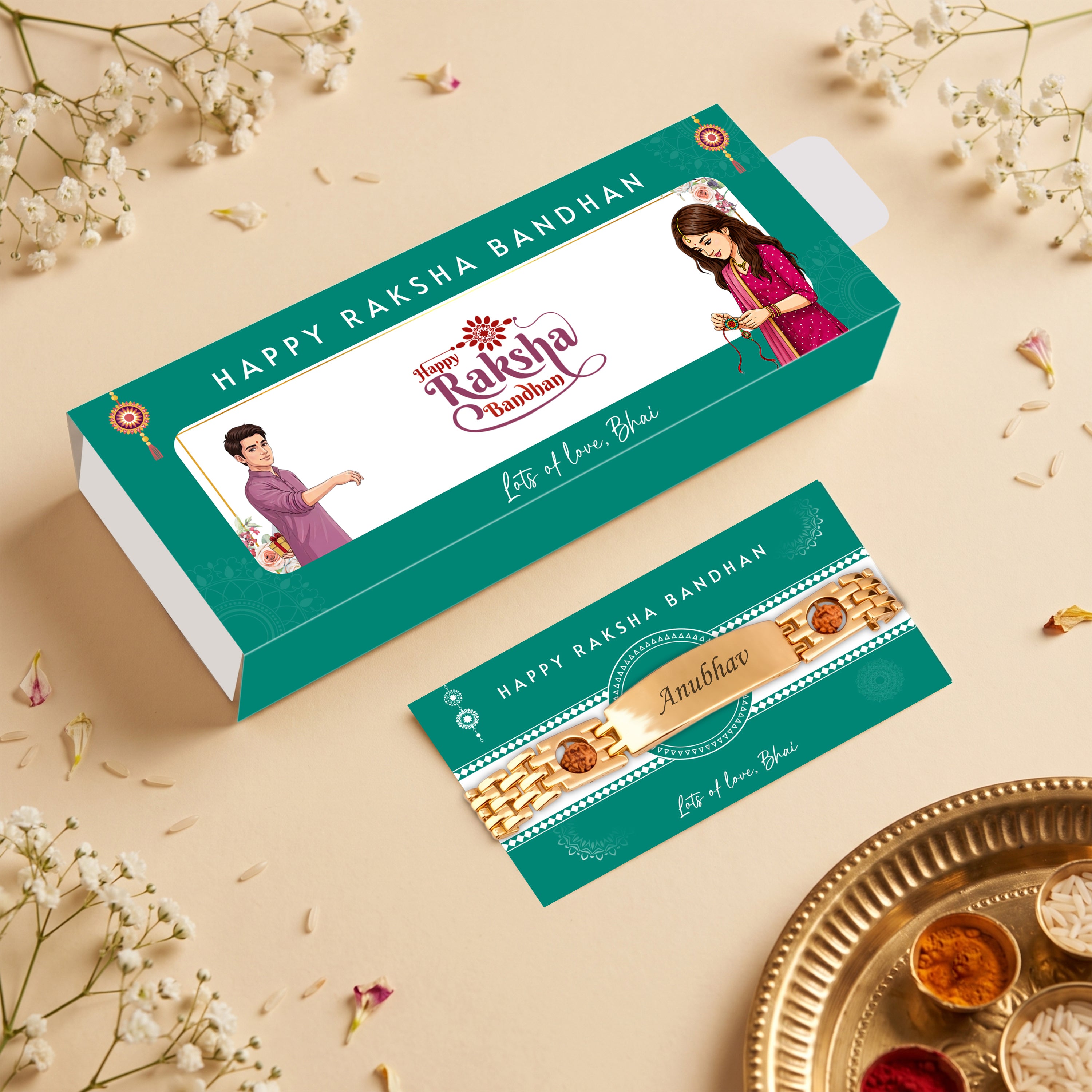 Personalized Rudra Bandhan Bracelet Rakhi With Gift Box - Golden