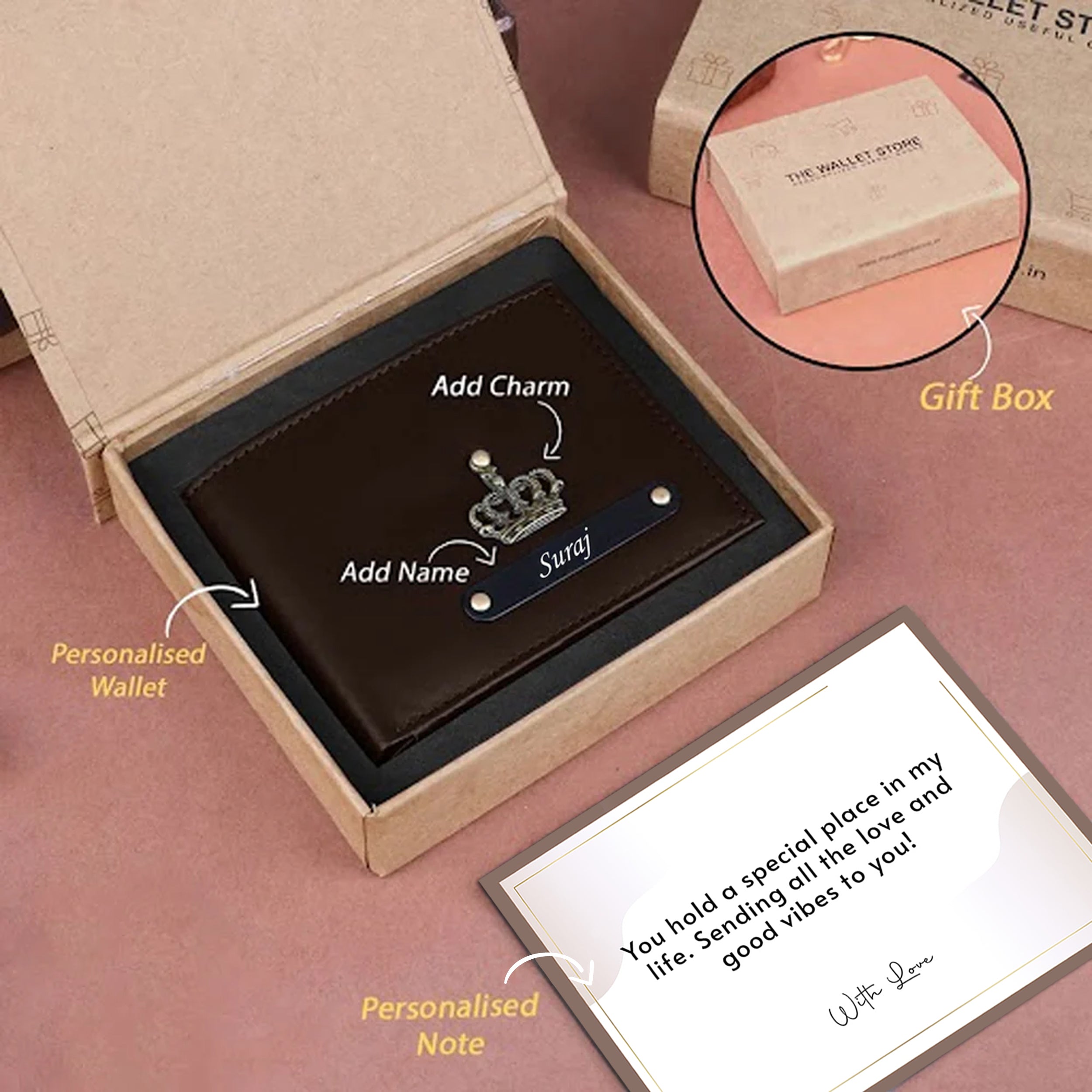 Personalized Leather Wallet With Name & Charm For Men