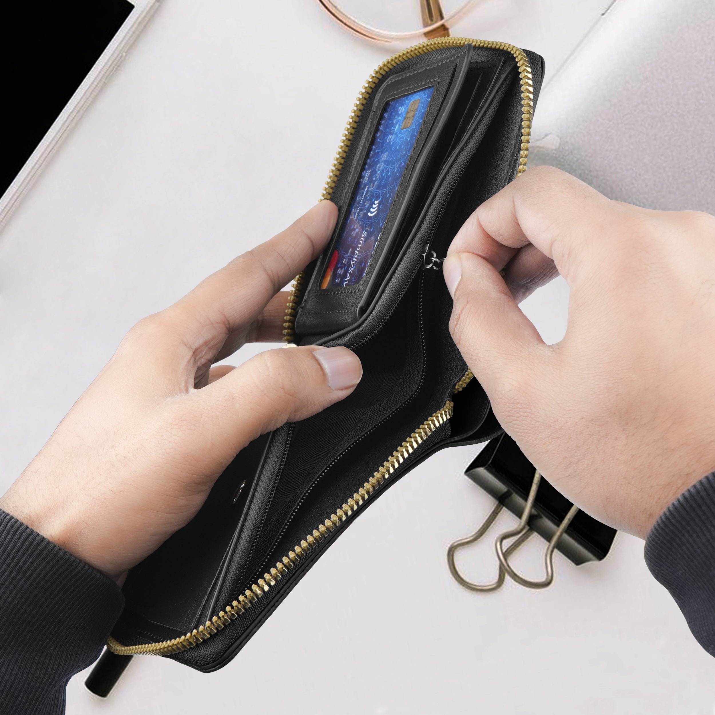 Knight Shield Genuine Leather Zipper Wallet - Black