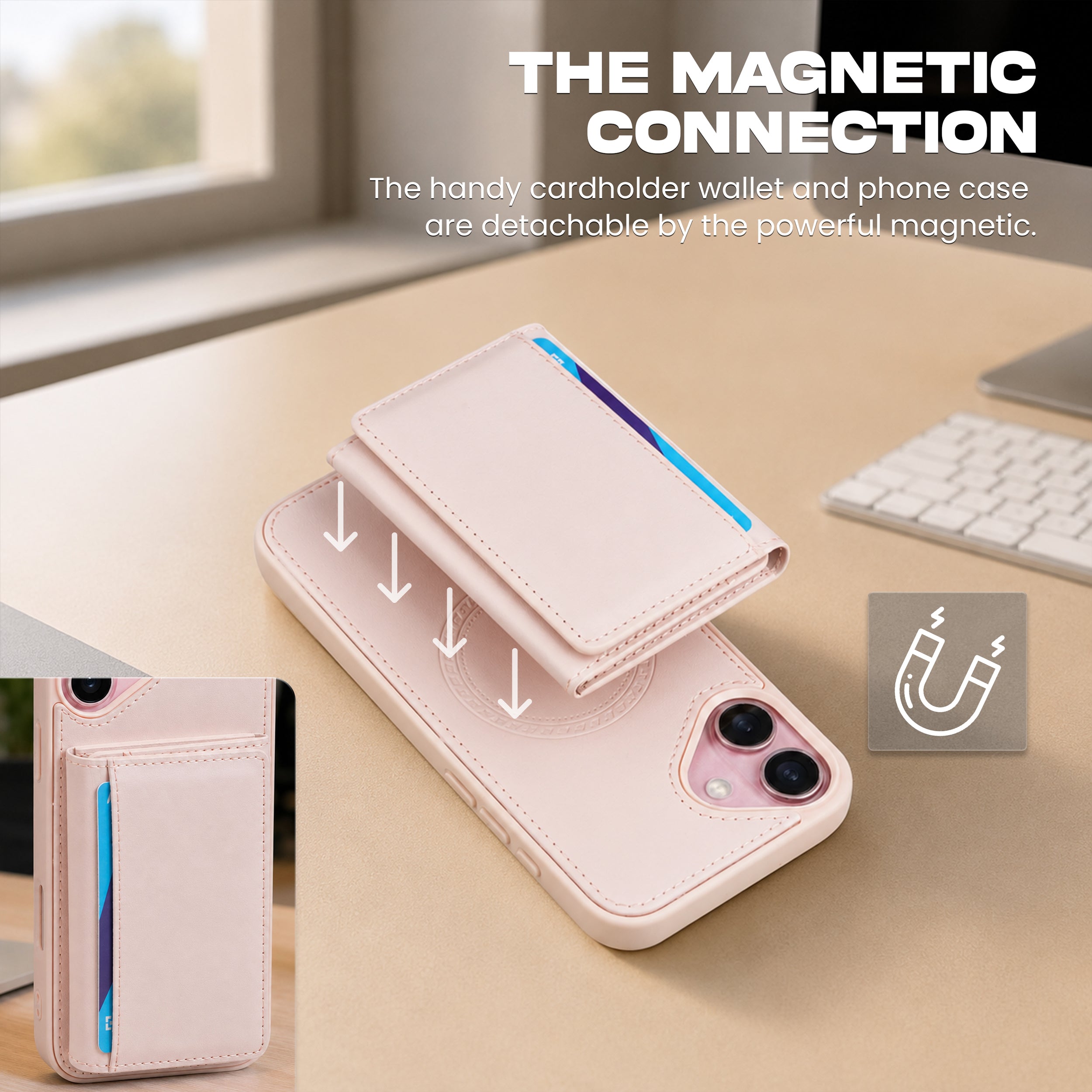 iPhone 16 Plus Magnetic Case with Detachable Cardholder - Pink