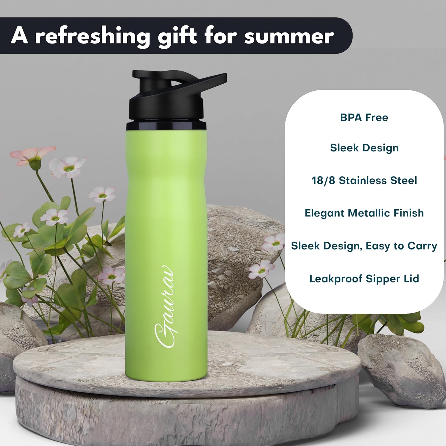 Personalized Neon Stainless Steel Sipper Water Bottle - Green