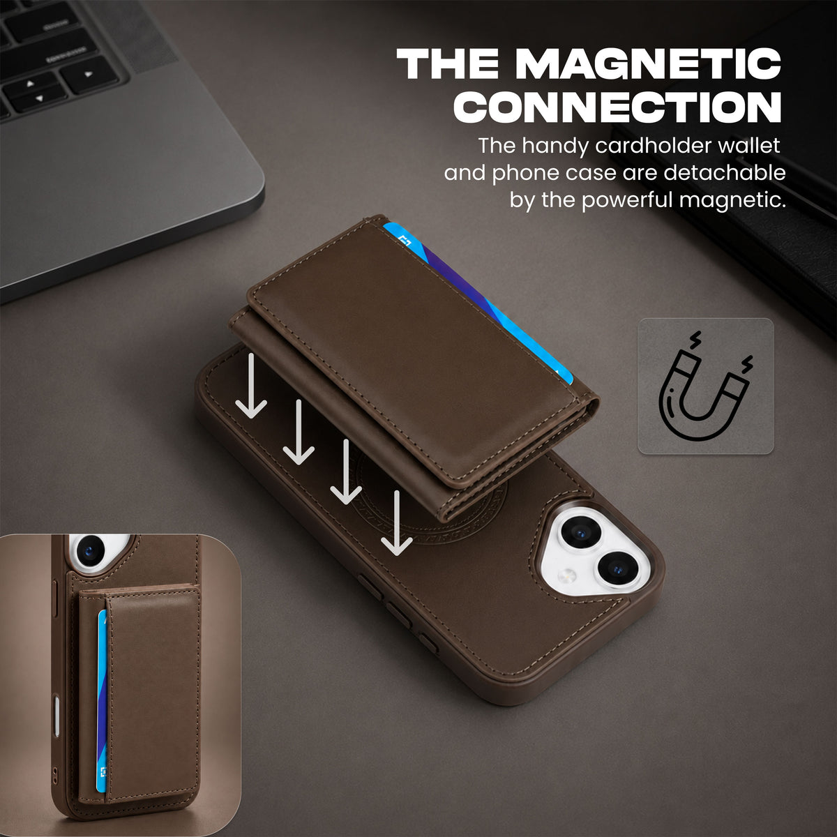 iPhone 16 Plus Magnetic Case with Detachable Cardholder - Brown
