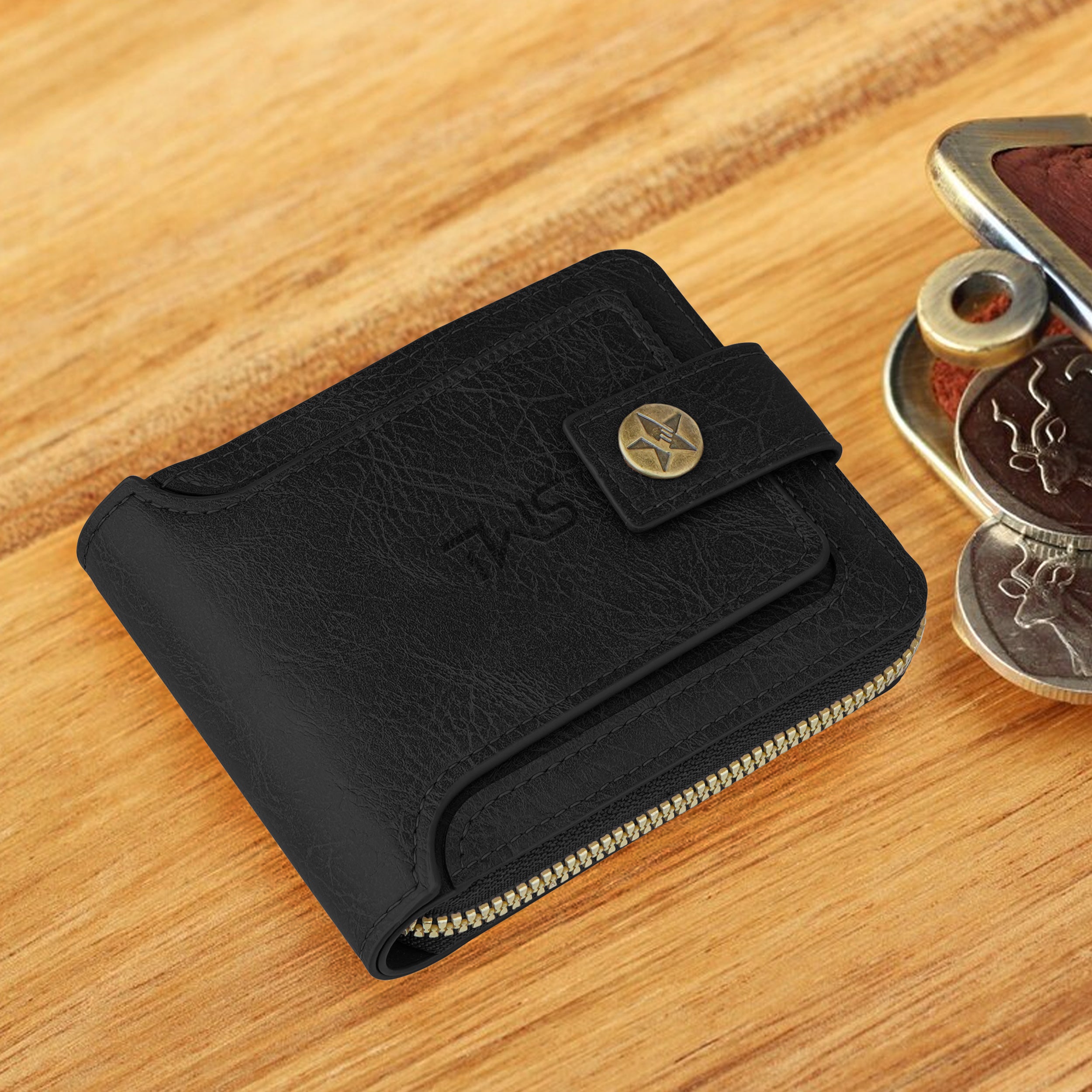 Knight Shield Genuine Leather Zipper Wallet - Black