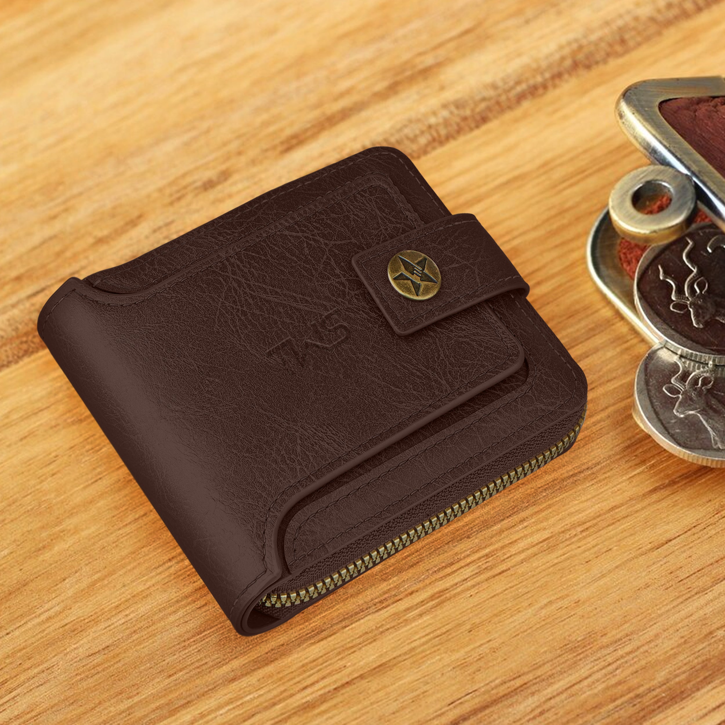 Knight Shield Genuine Leather Zipper Wallet - Dark Brown