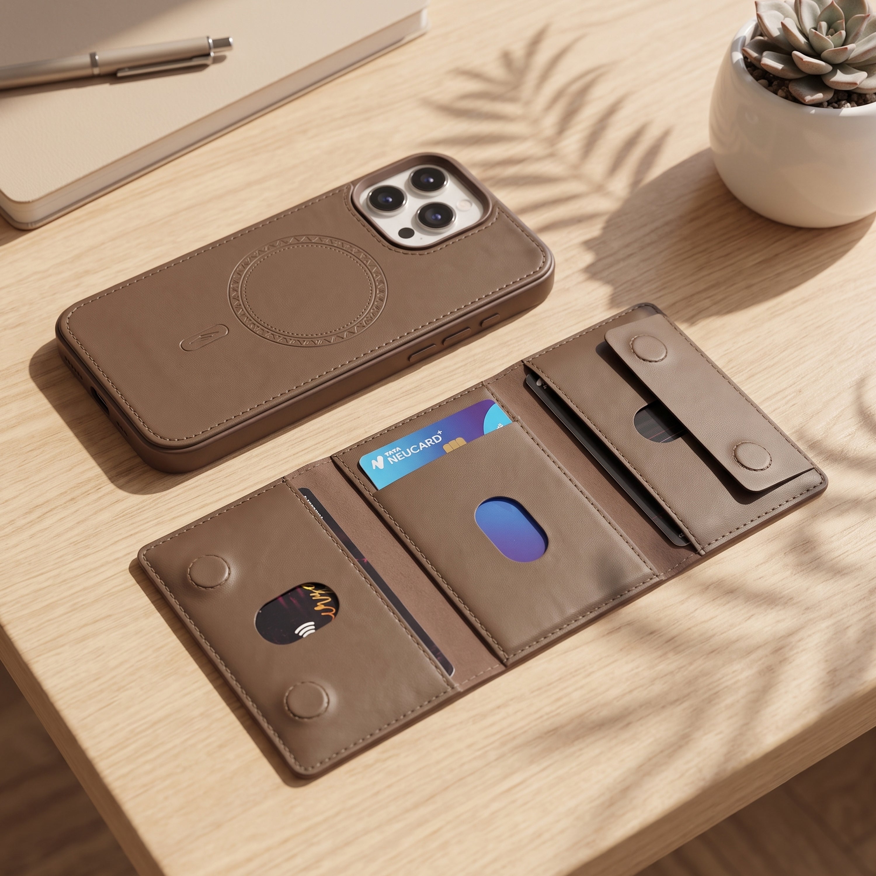 iPhone 16 Pro Max Magnetic Case with Detachable Cardholder - Brown