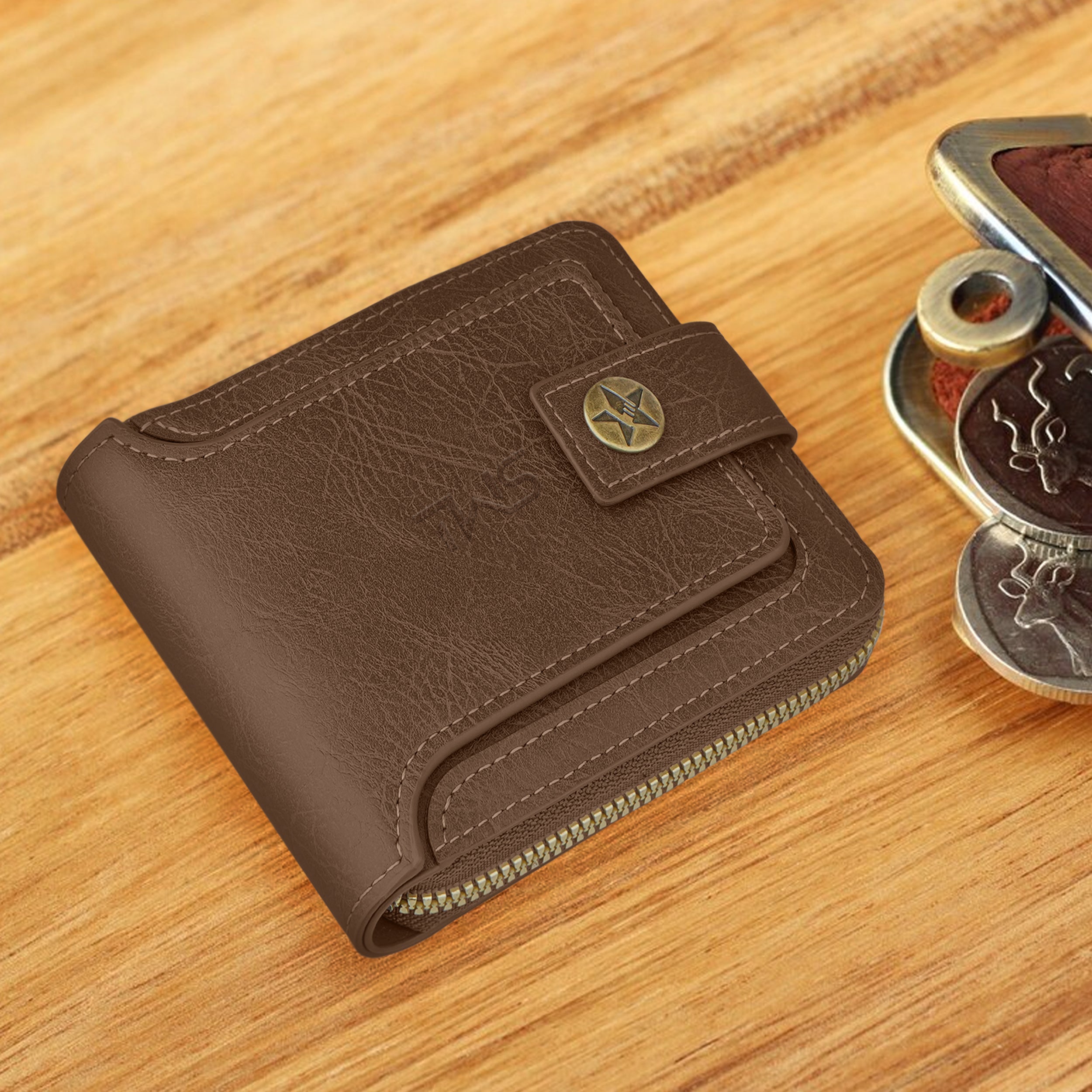 Knight Shield Genuine Leather Zipper Wallet - Brown
