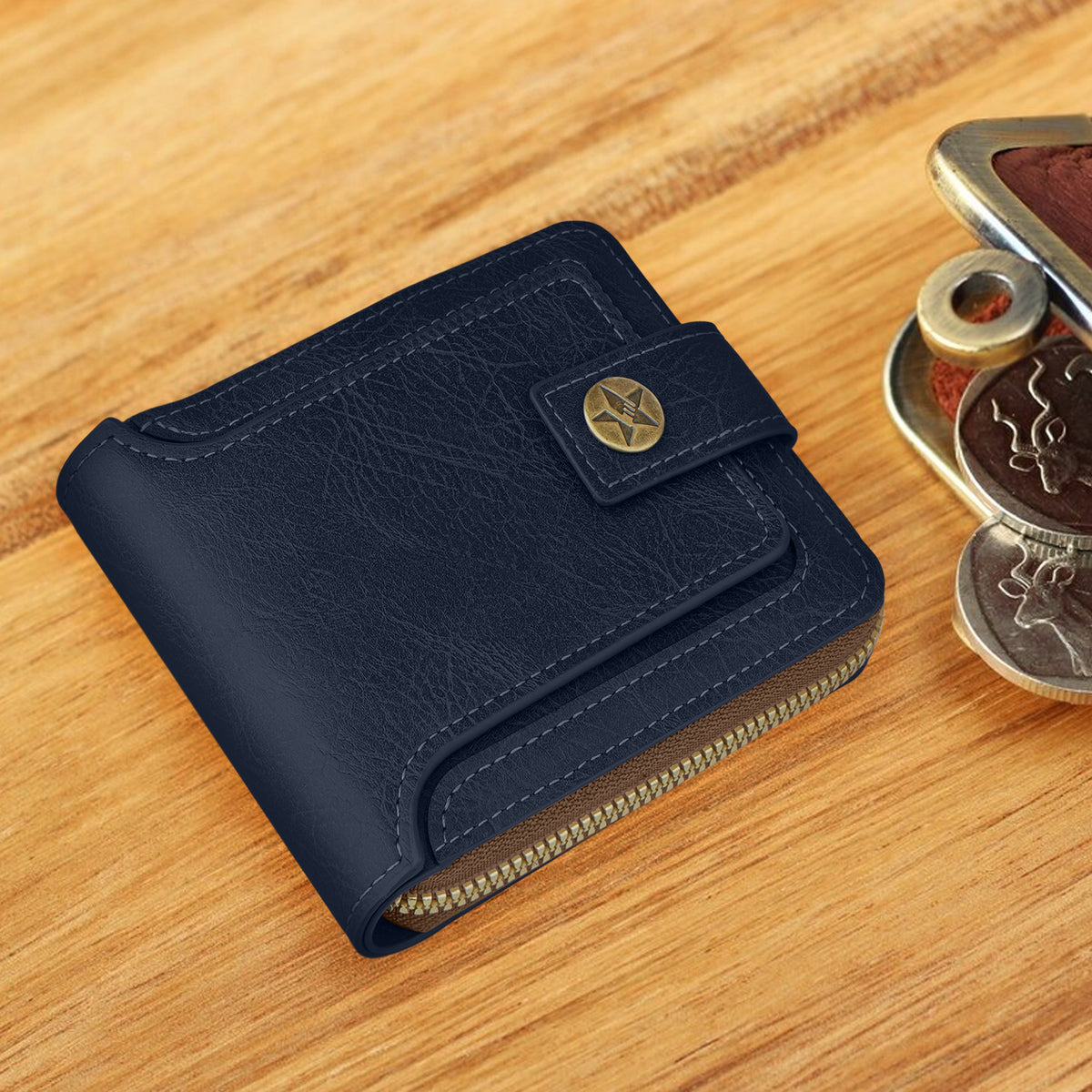 Knight Shield Genuine Leather Zipper Wallet - Blue