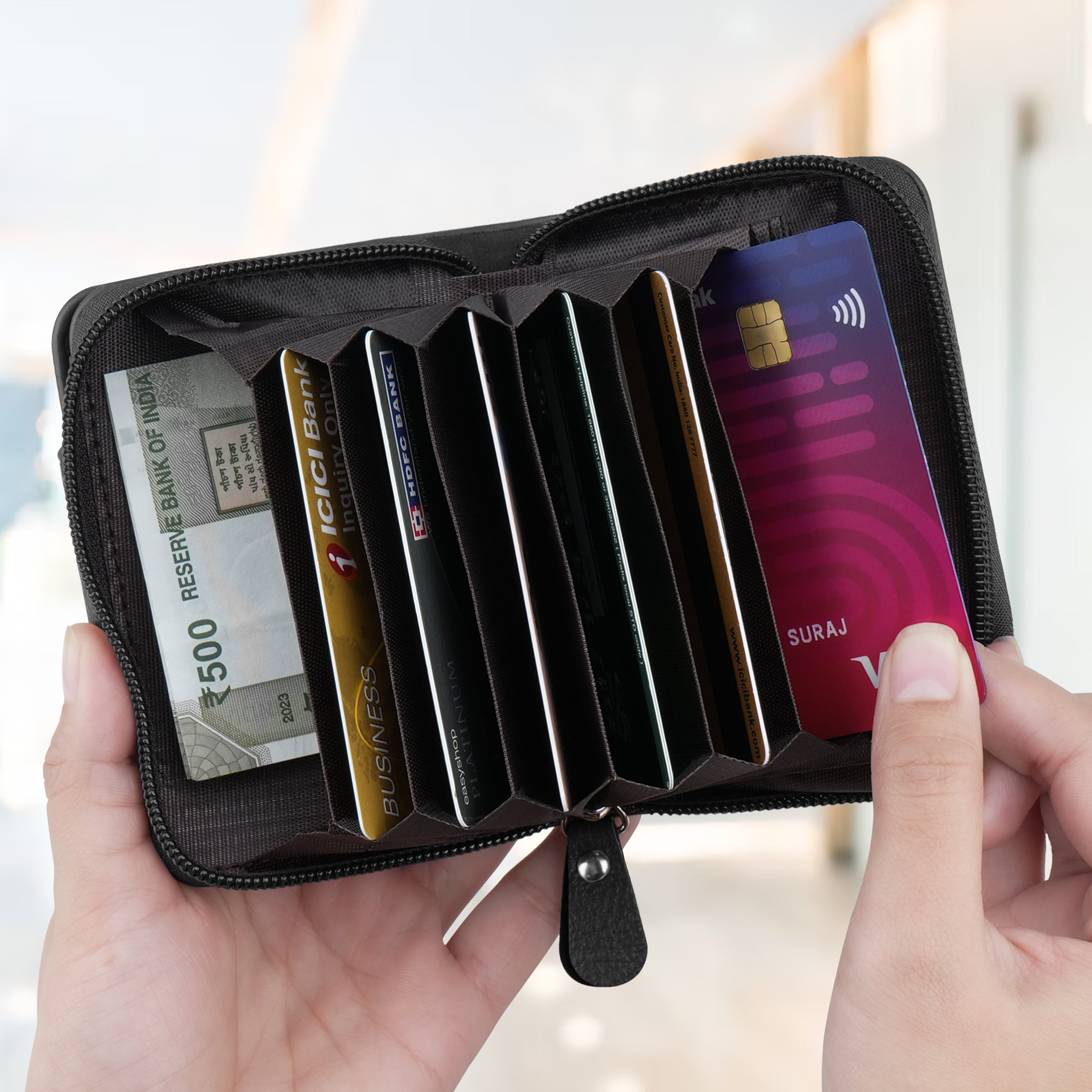 Secure Mate Vegan Leather Zipper Wallet - Black Tan
