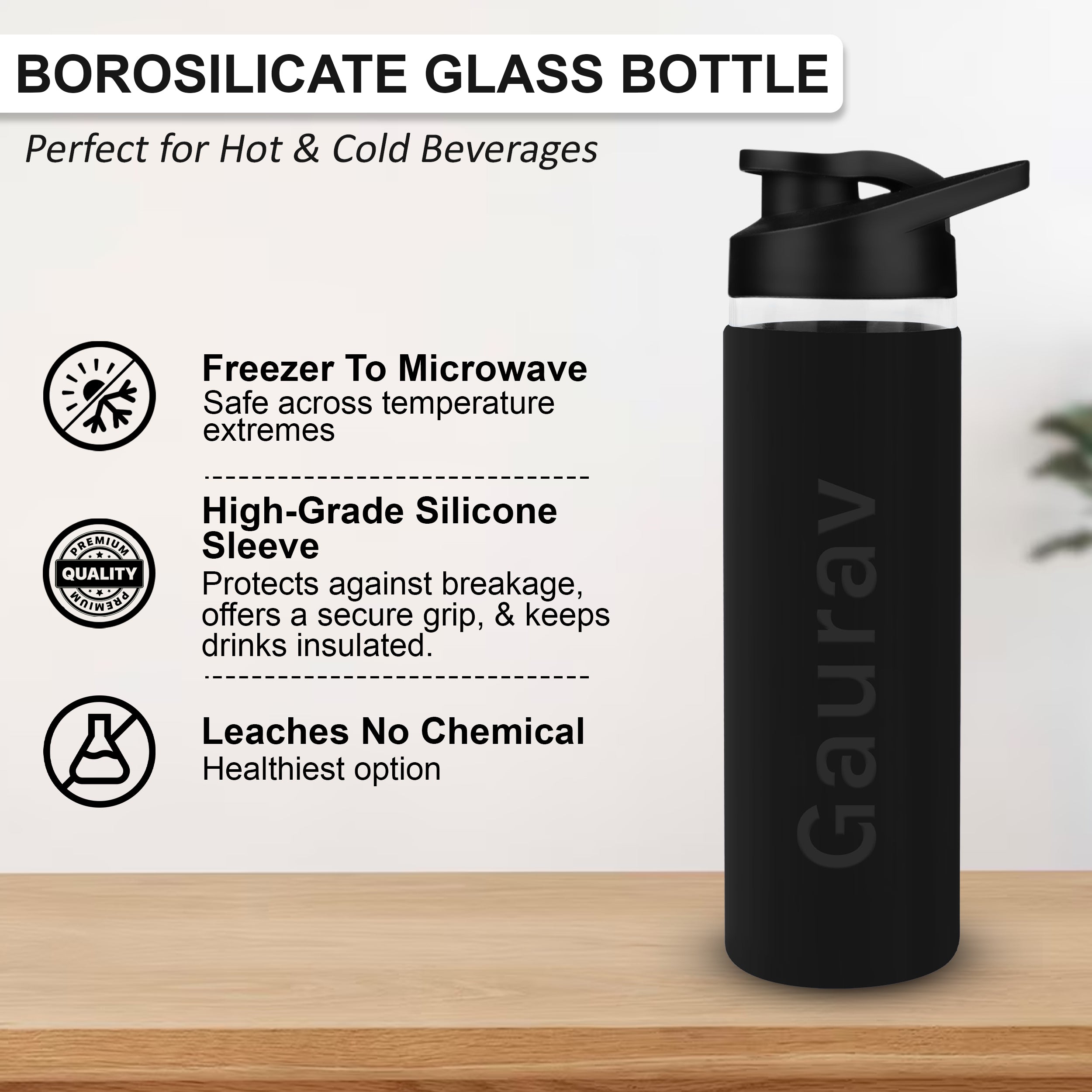 Personalized Pure Wrap Borosilicate Sipper Bottle - Black