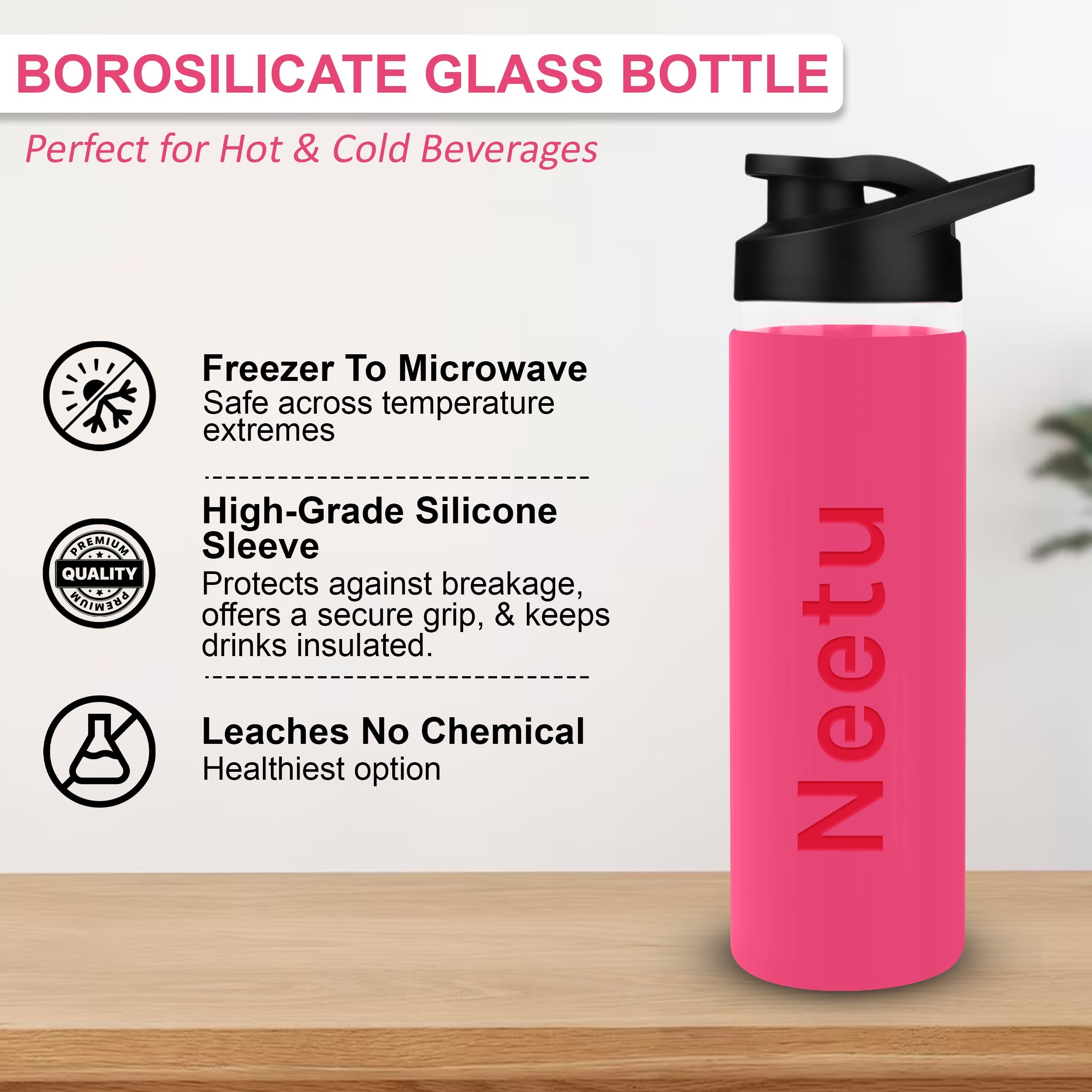 Personalized Pure Wrap Borosilicate Sipper Bottle - Pink