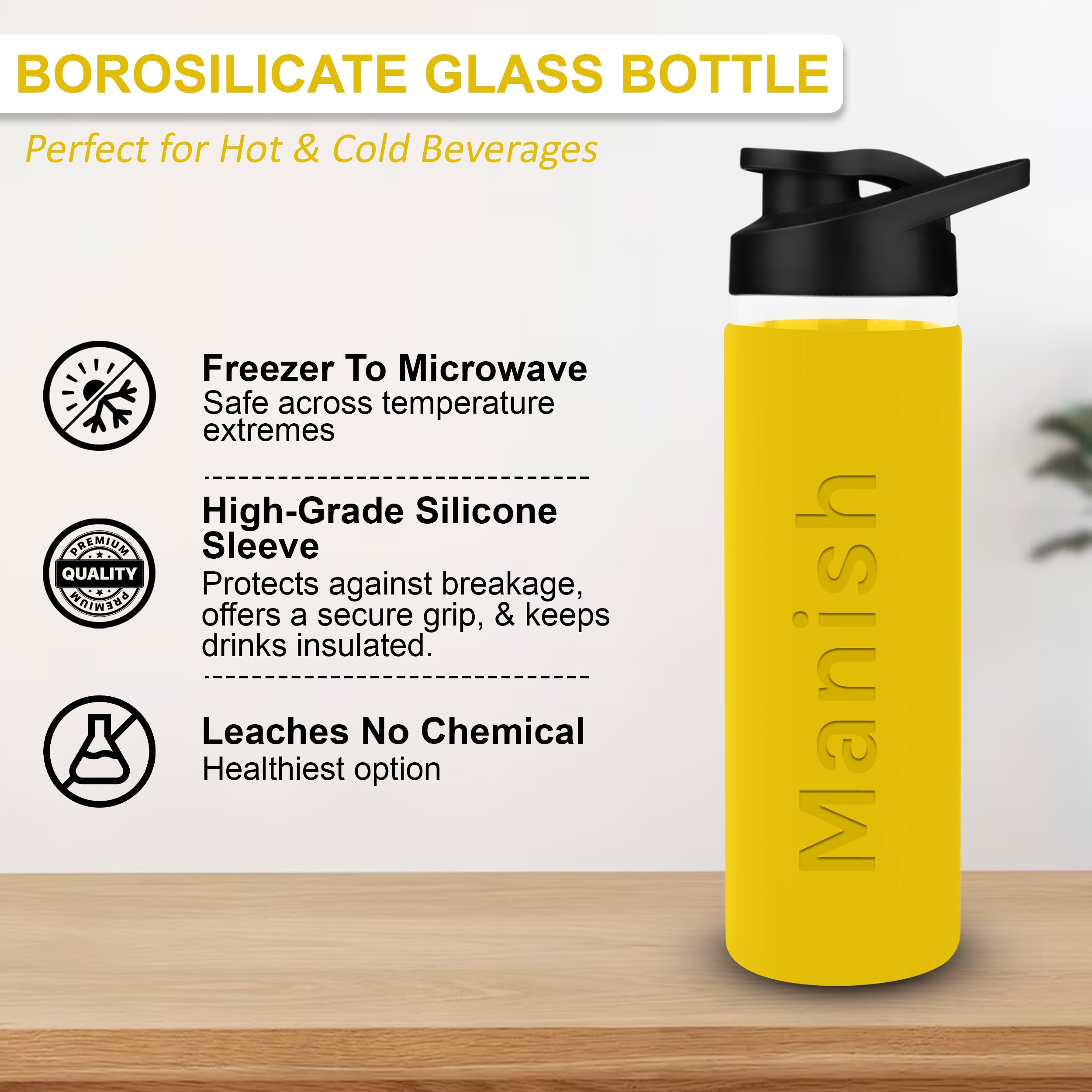 Personalized Pure Wrap Borosilicate Sipper Bottle - Yellow