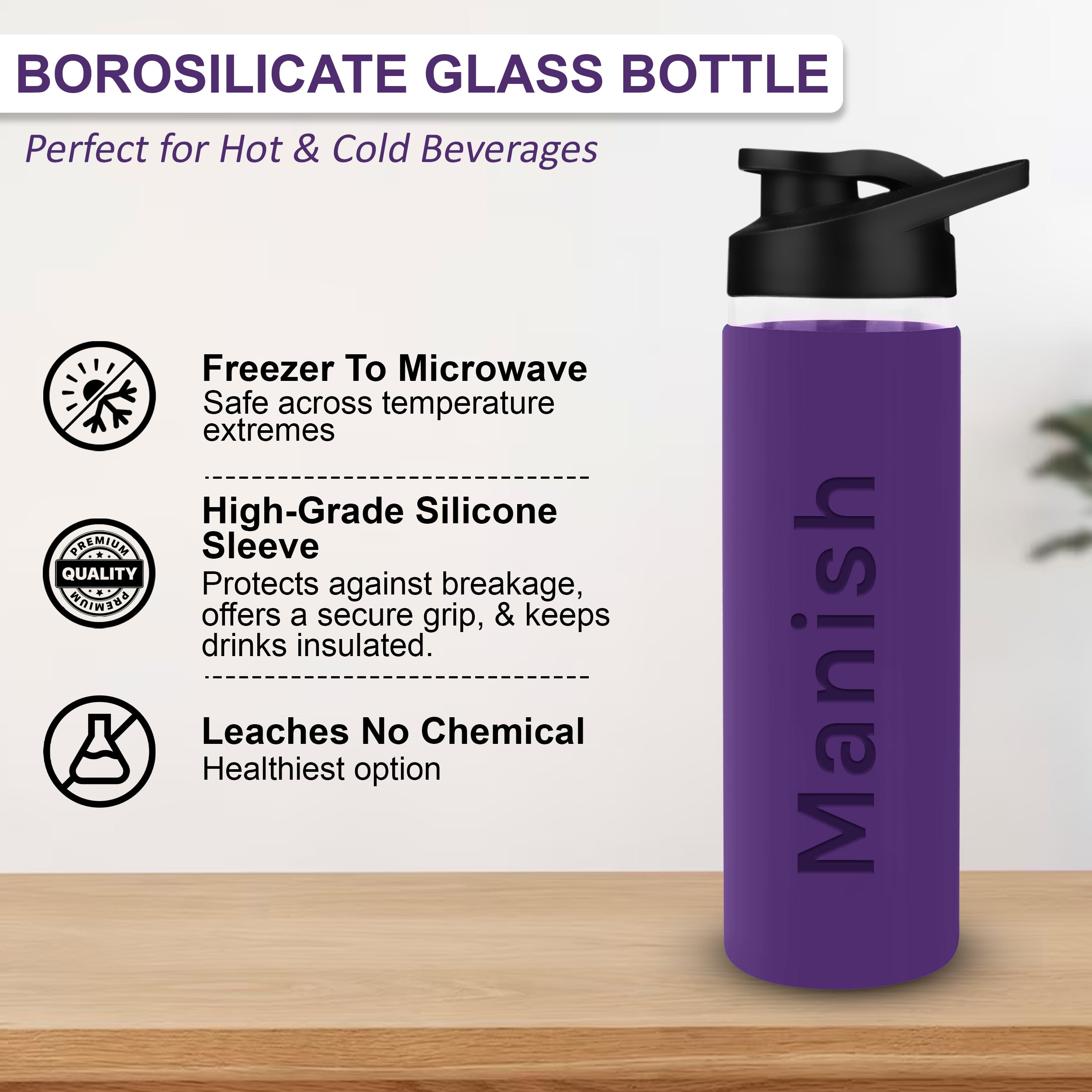Personalized Pure Wrap Borosilicate Sipper Bottle - Purple
