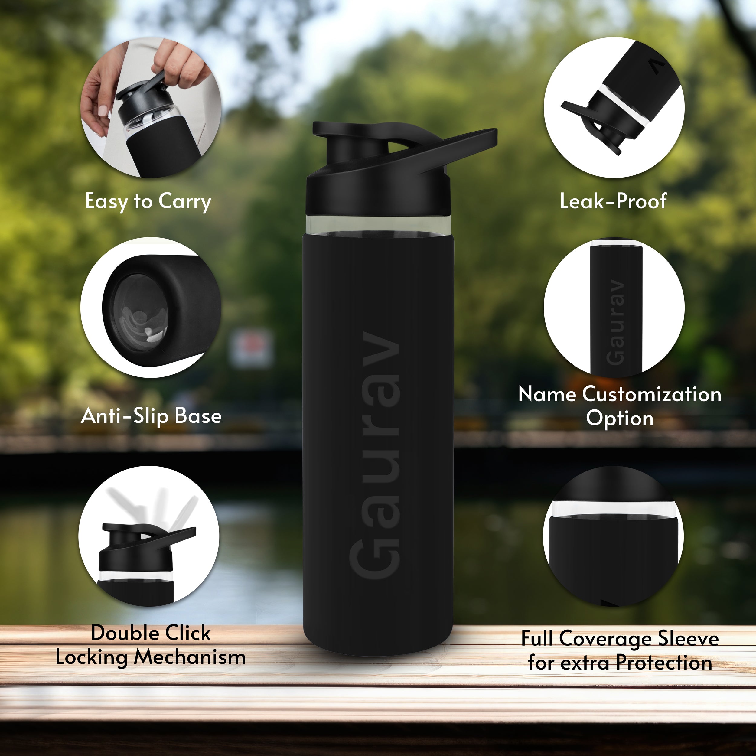Personalized Pure Wrap Borosilicate Sipper Bottle - Black