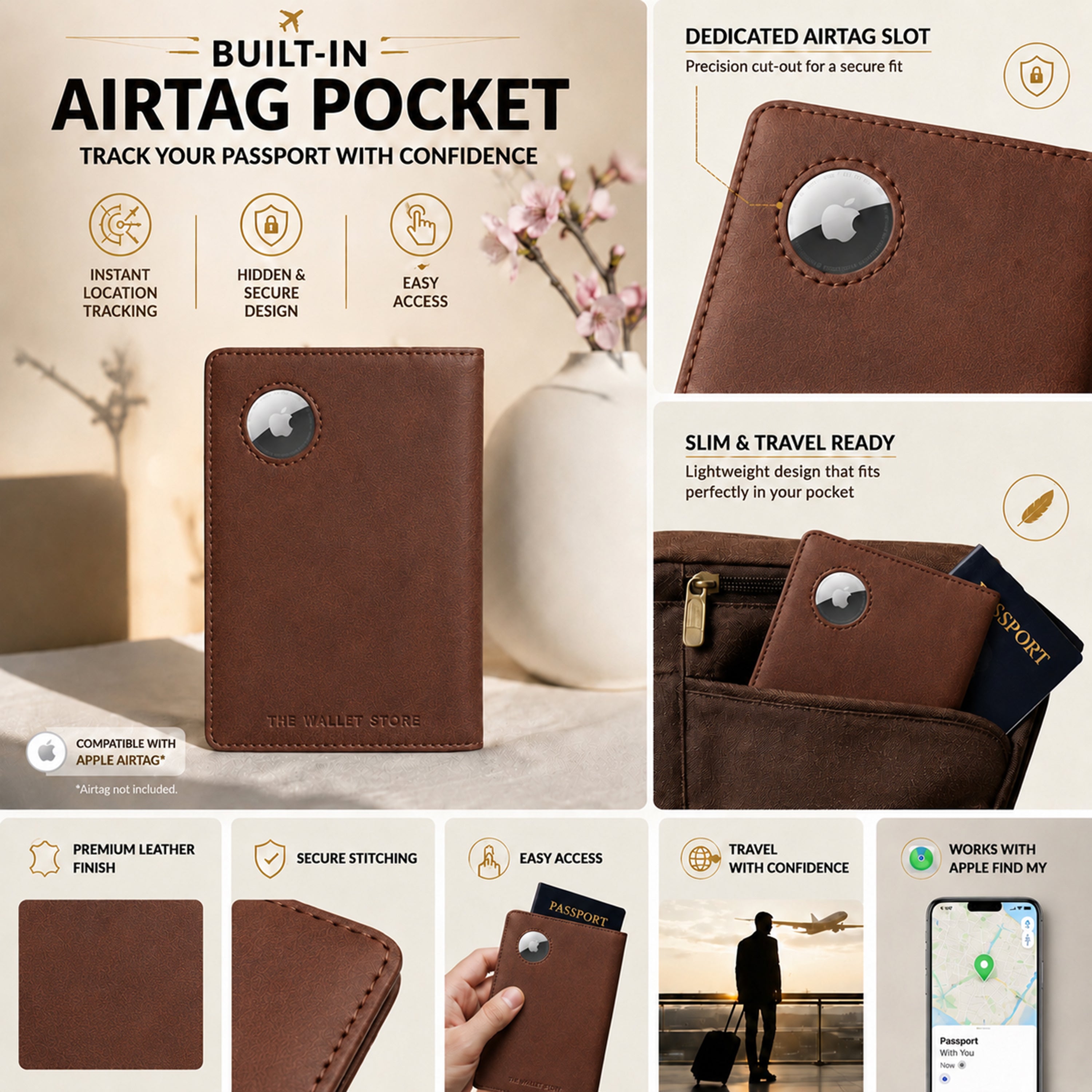 Horizon AirTag Passport Cover - Brown