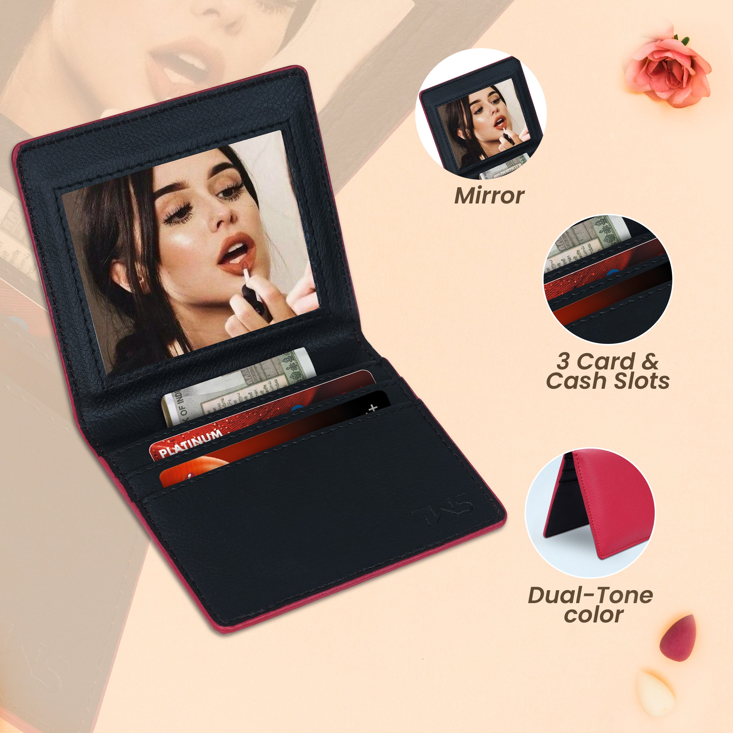 Glimmer Glow Mirror Wallet For Her | Red-Black