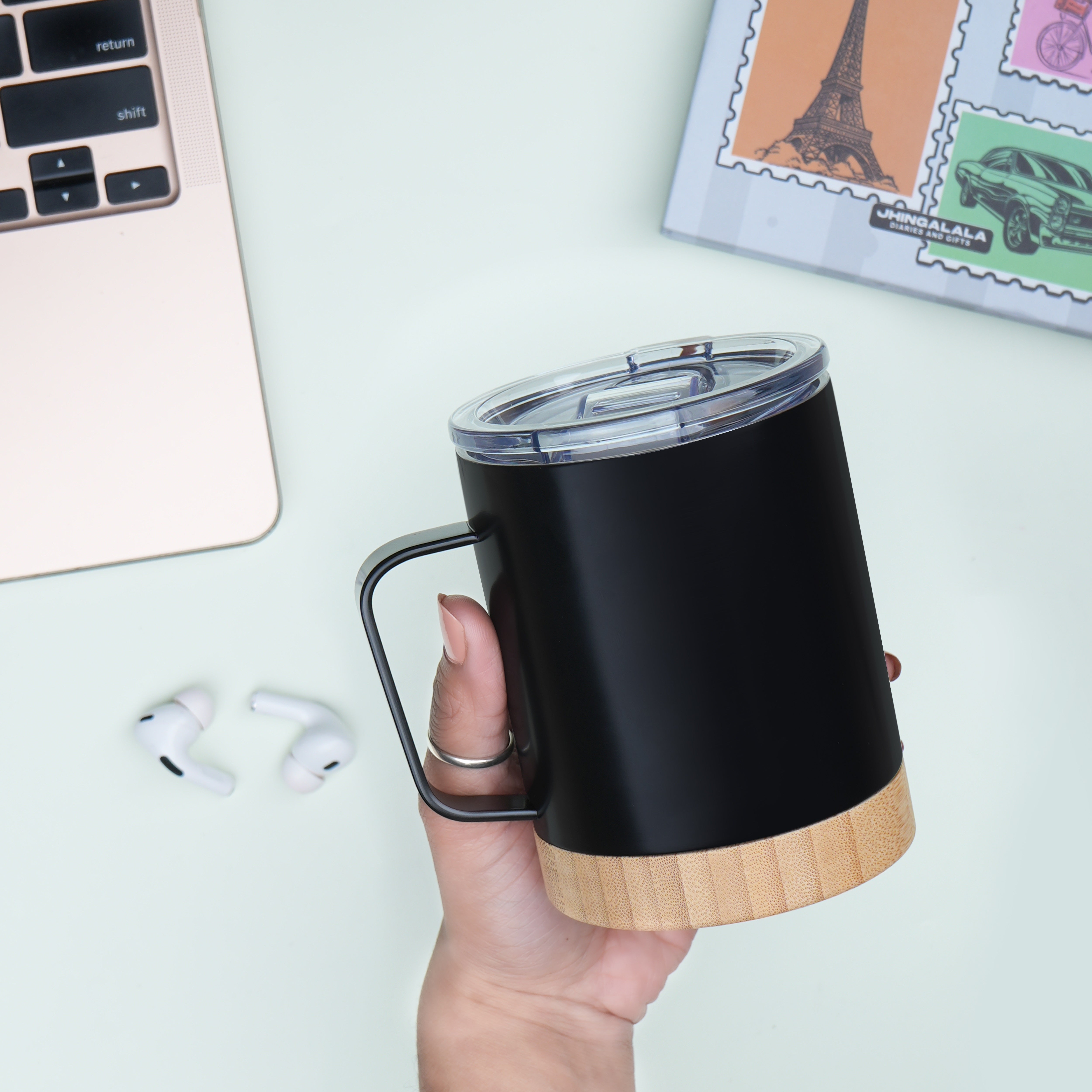 Stainless Steel Vacuum Insulated Coffee Mug With Bamboo Base