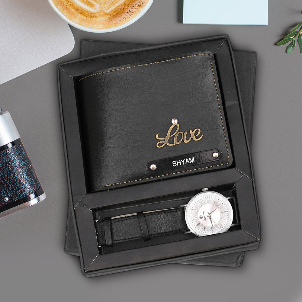 Personalized Textured Men's Wallet Wrist Watch Gift Set