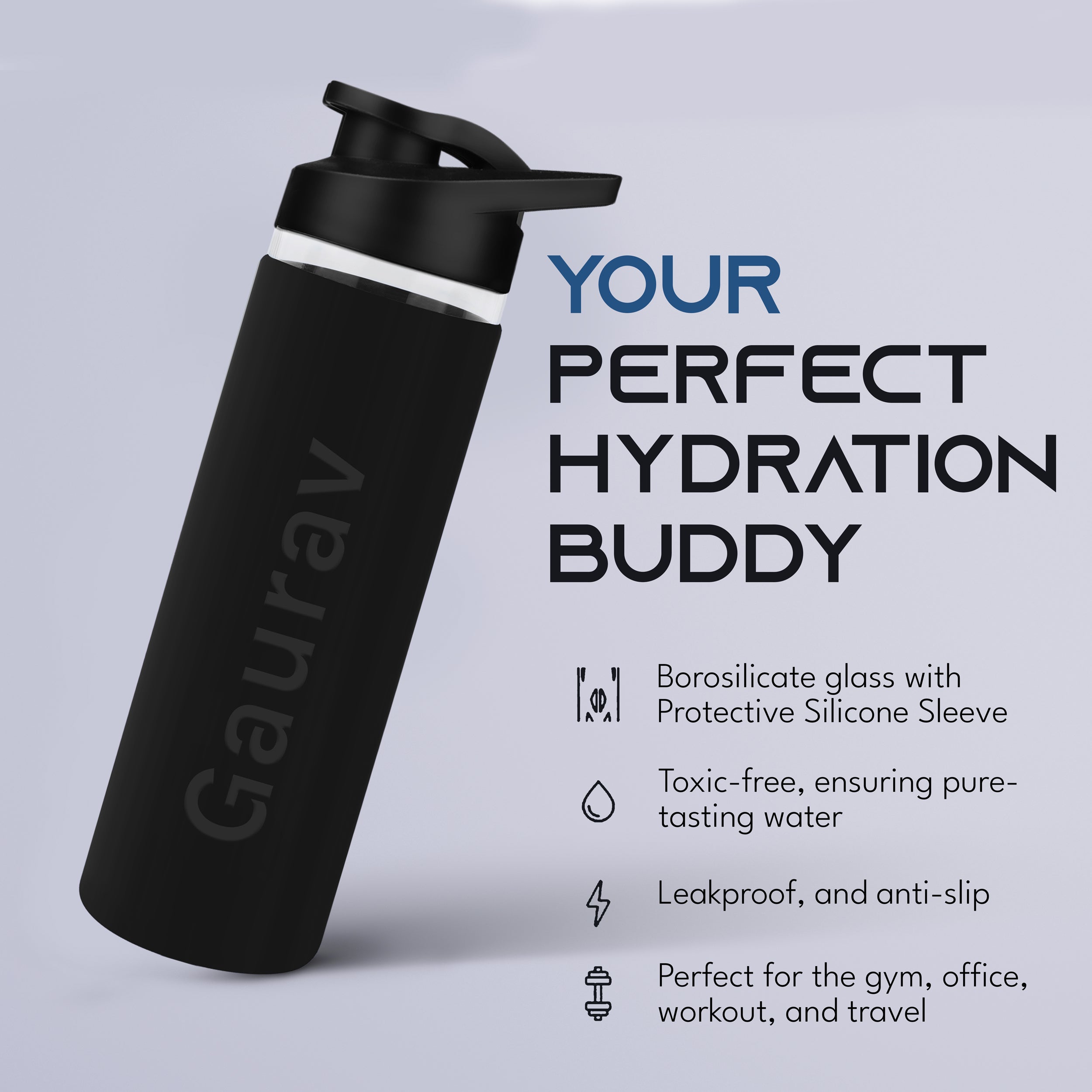 Personalized Pure Wrap Borosilicate Sipper Bottle - Black