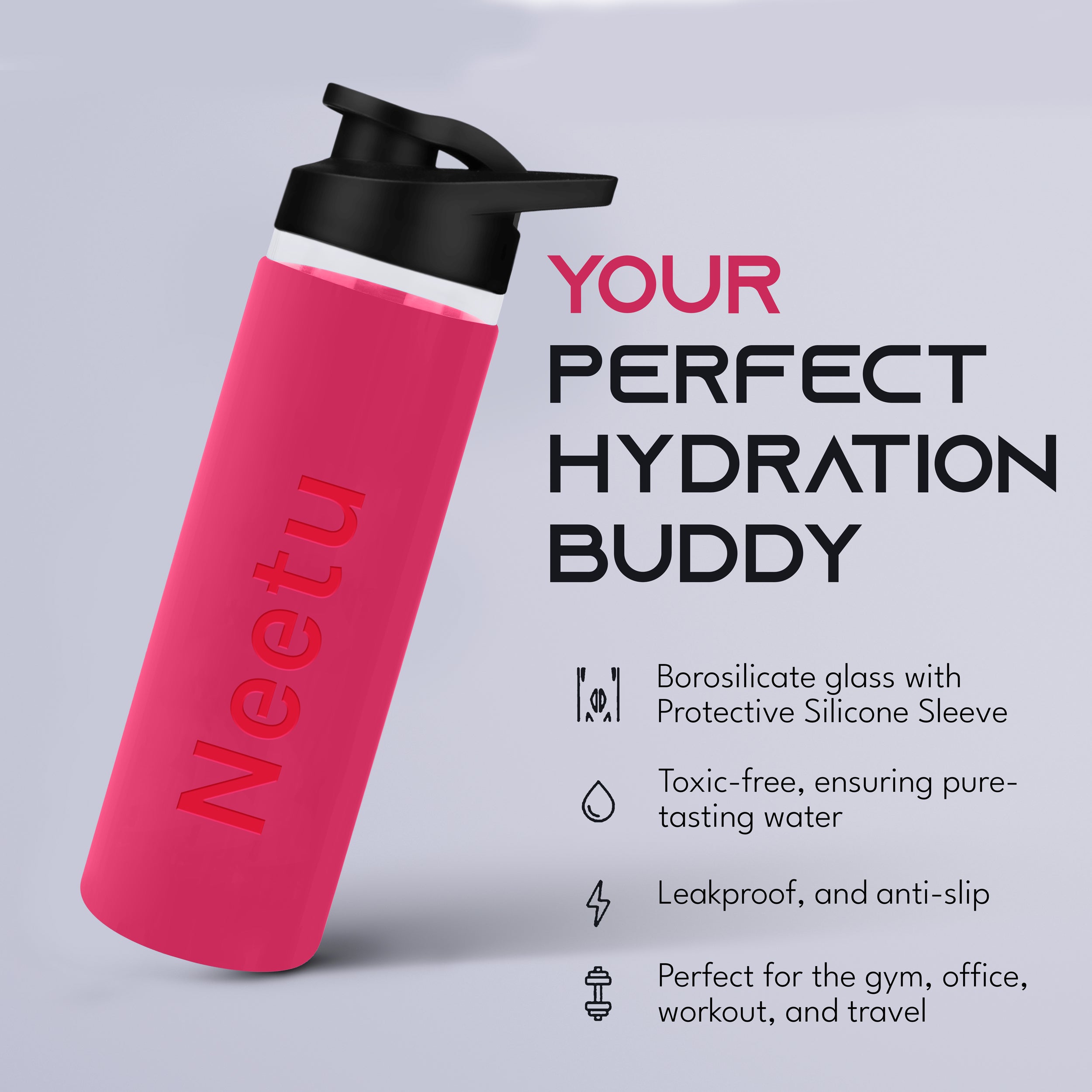 Personalized Pure Wrap Borosilicate Sipper Bottle - Pink