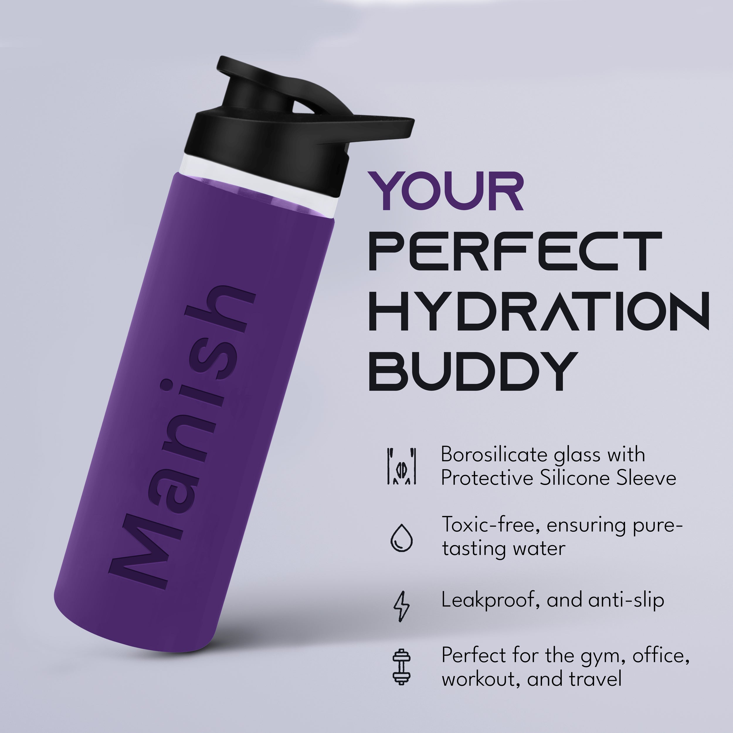Personalized Pure Wrap Borosilicate Sipper Bottle - Purple
