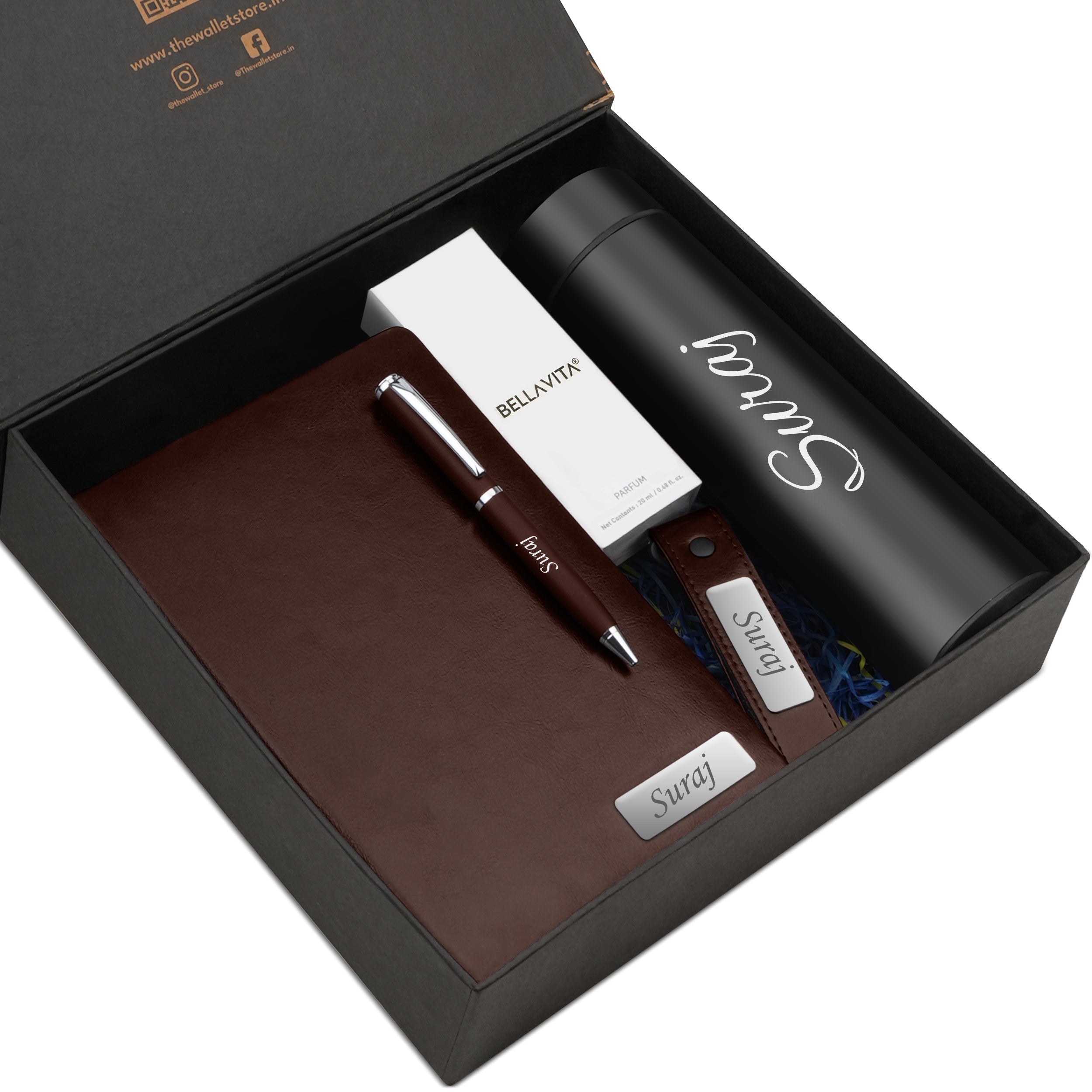 Personalized Signature Luxe Diary Pen Keychain Perfume & Flask Gift Set - Brown
