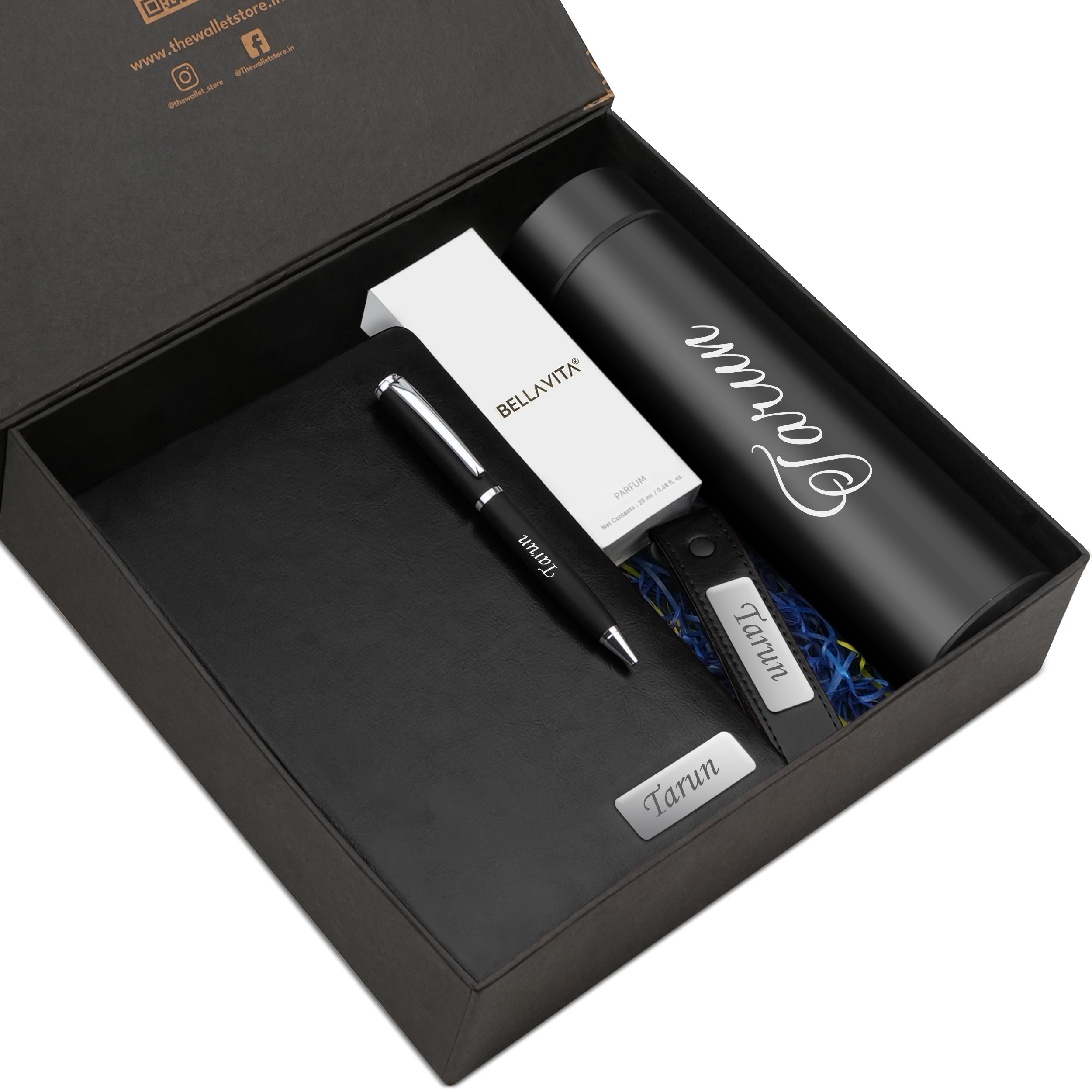 Personalized Signature Luxe Diary Pen Keychain Perfume & Flask Gift Set - Black