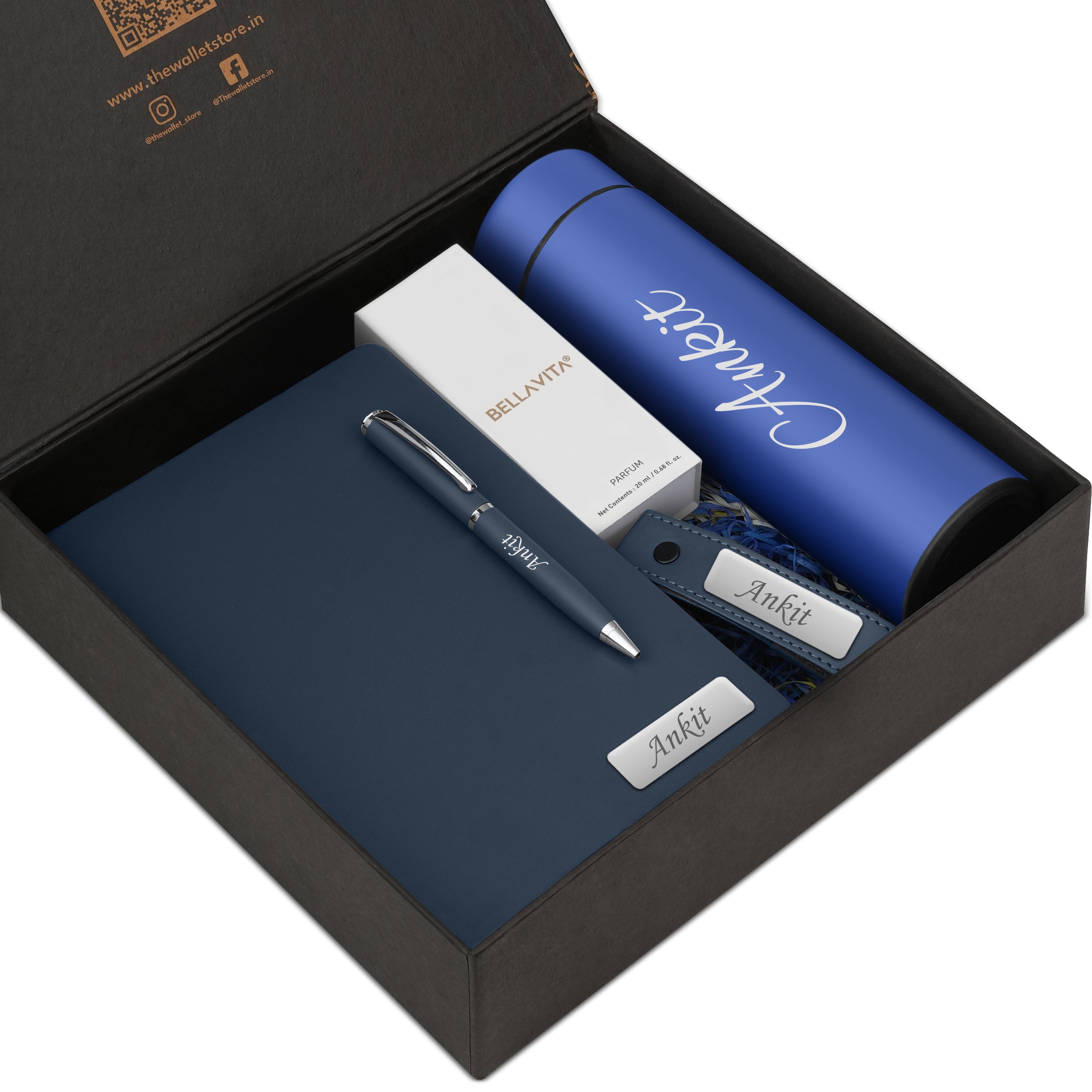 Personalized Signature Luxe Diary Pen Keychain Perfume & Flask Gift Set - Blue