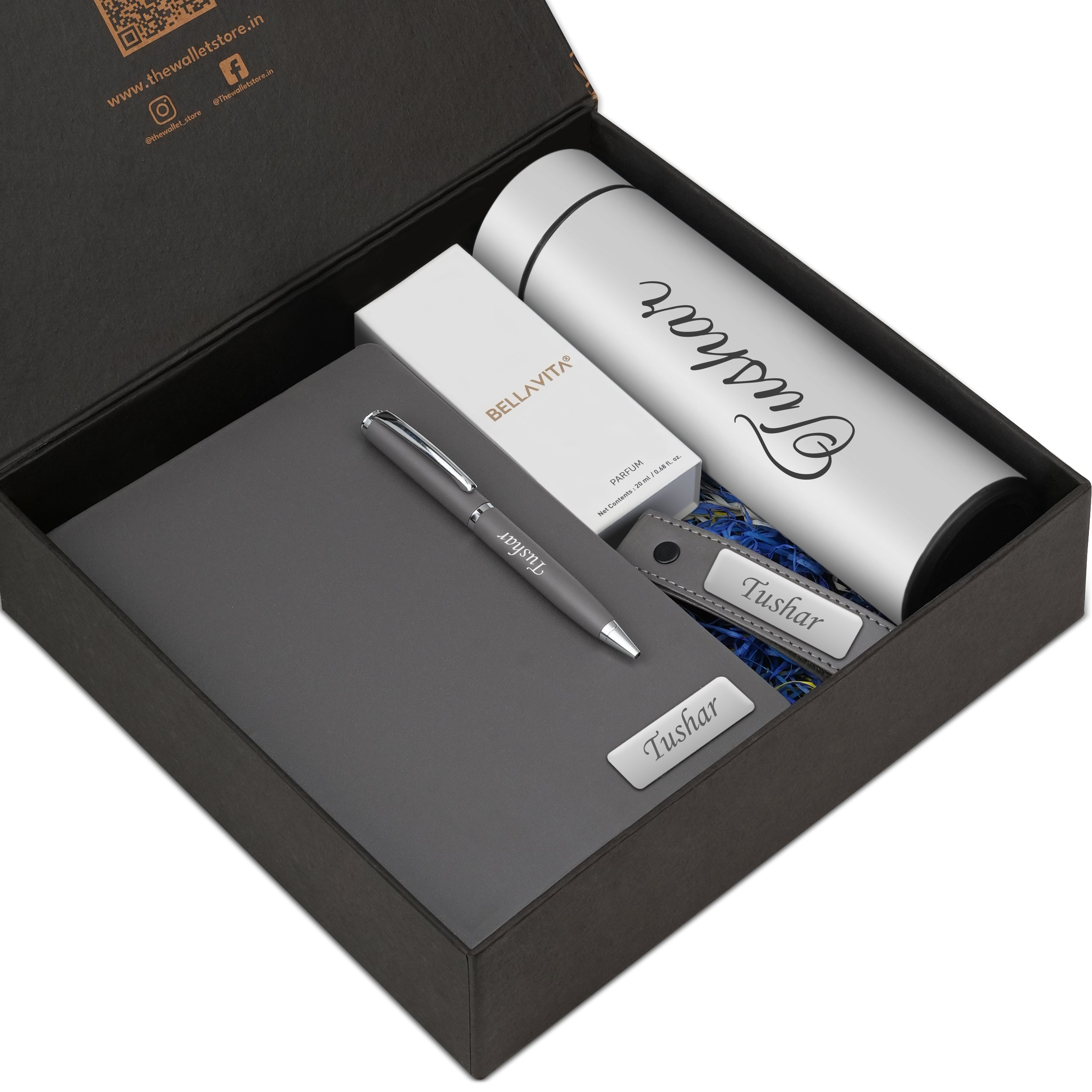 Personalized Signature Luxe Diary Pen Keychain Perfume & Flask Gift Set - Grey