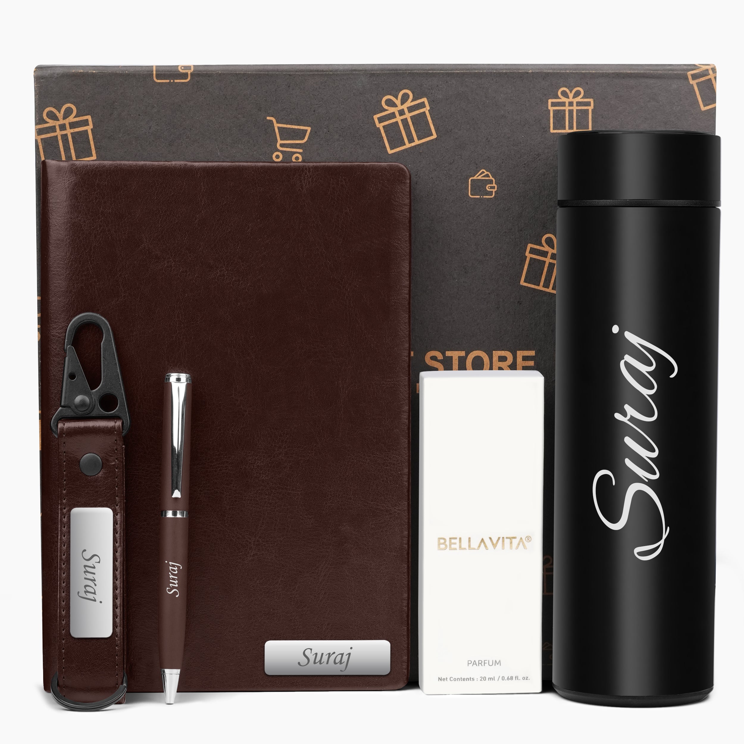 Personalized Signature Luxe Diary Pen Keychain Perfume & Flask Gift Set - Brown