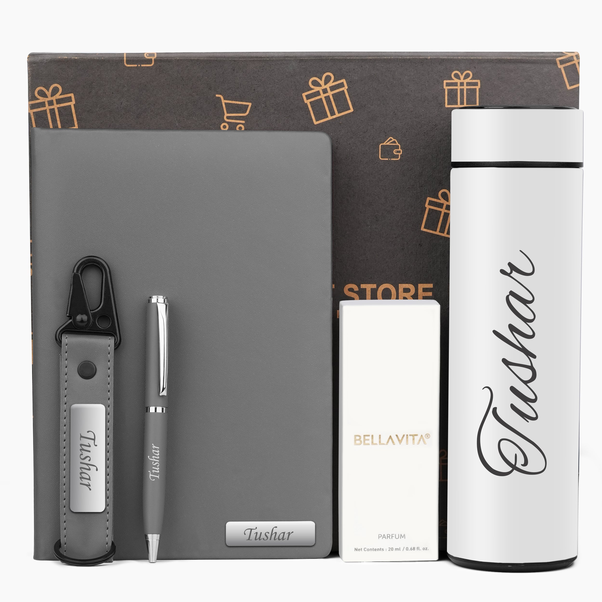 Personalized Signature Luxe Diary Pen Keychain Perfume & Flask Gift Set - Grey