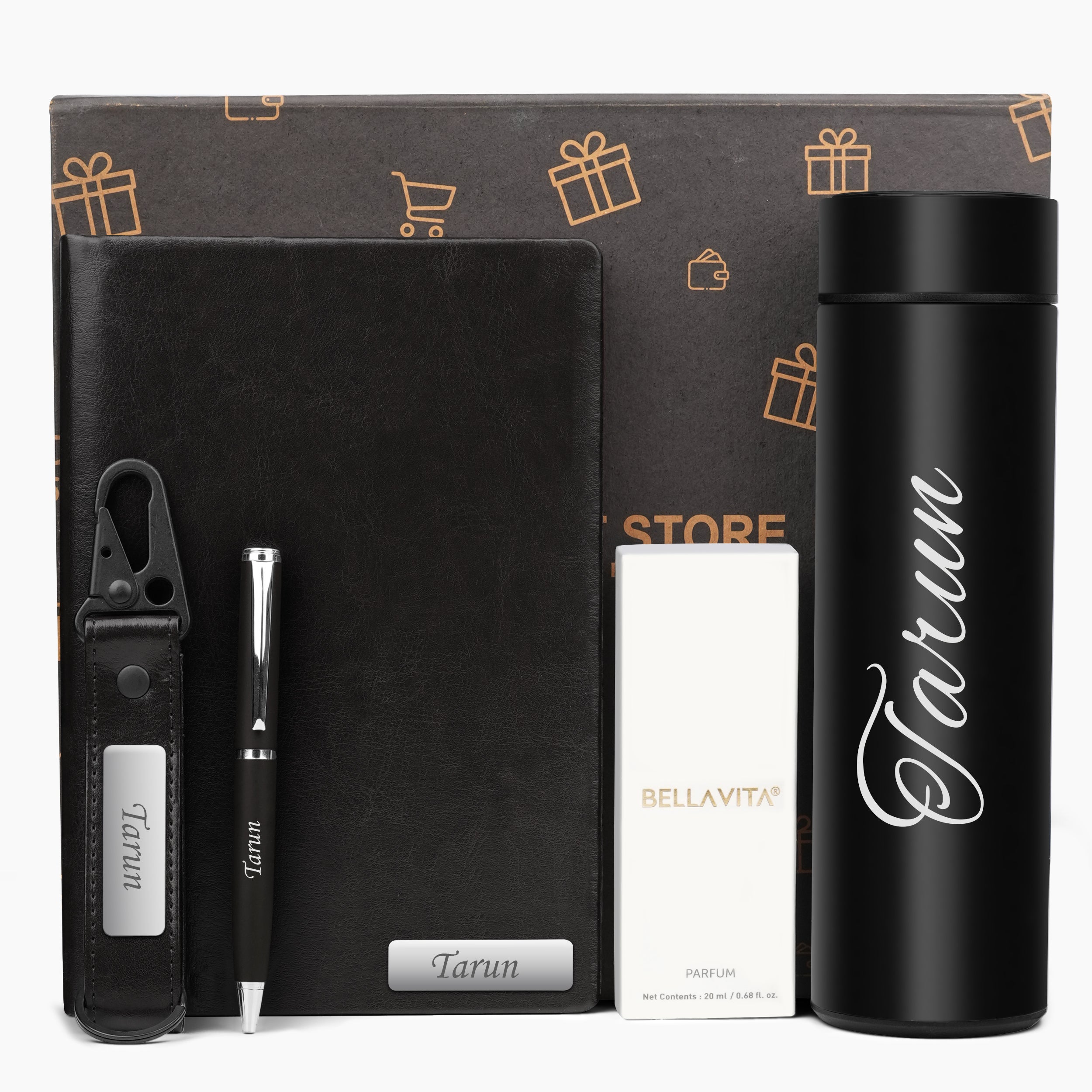 Personalized Signature Luxe Diary Pen Keychain Perfume & Flask Gift Set - Black