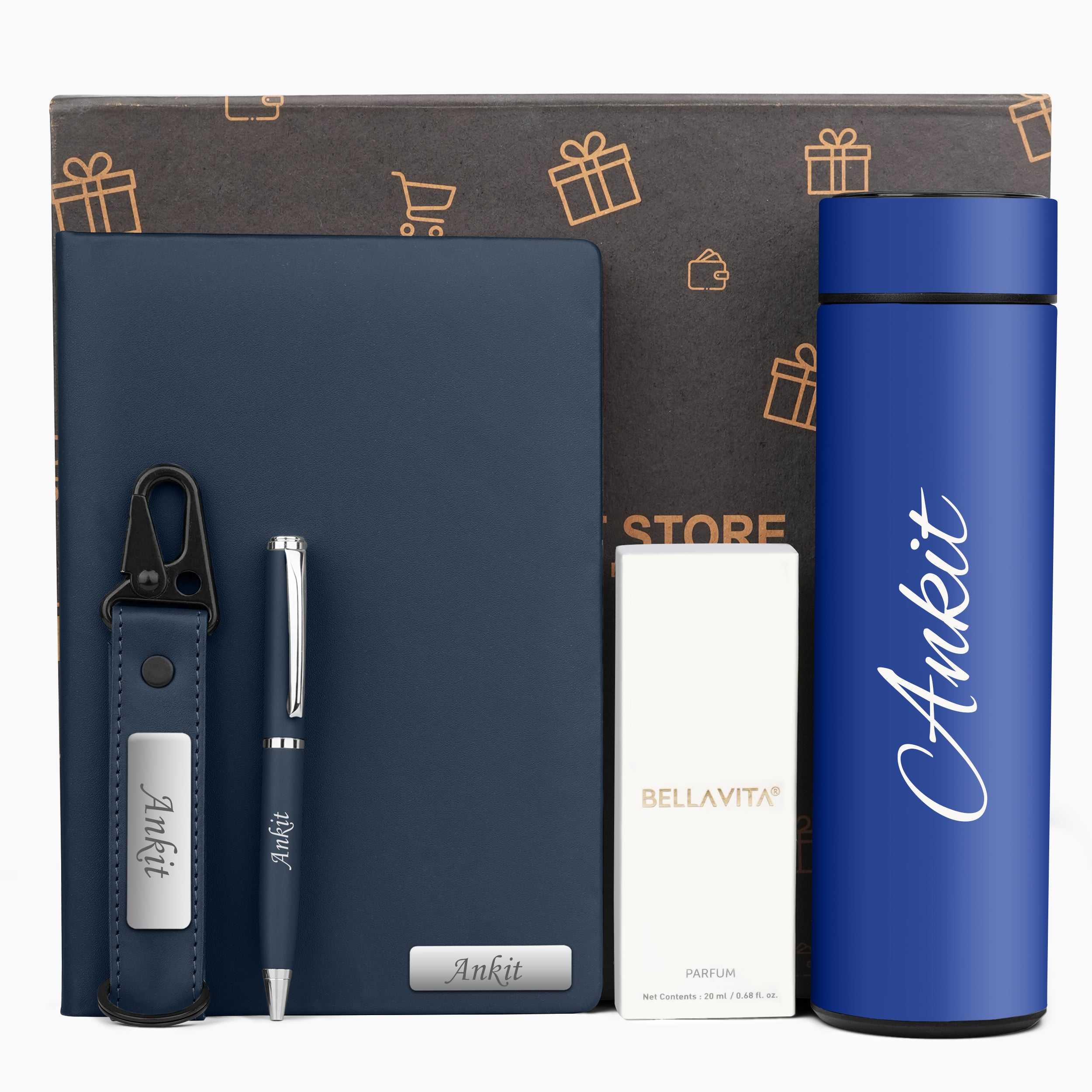 Personalized Signature Luxe Diary Pen Keychain Perfume & Flask Gift Set - Blue