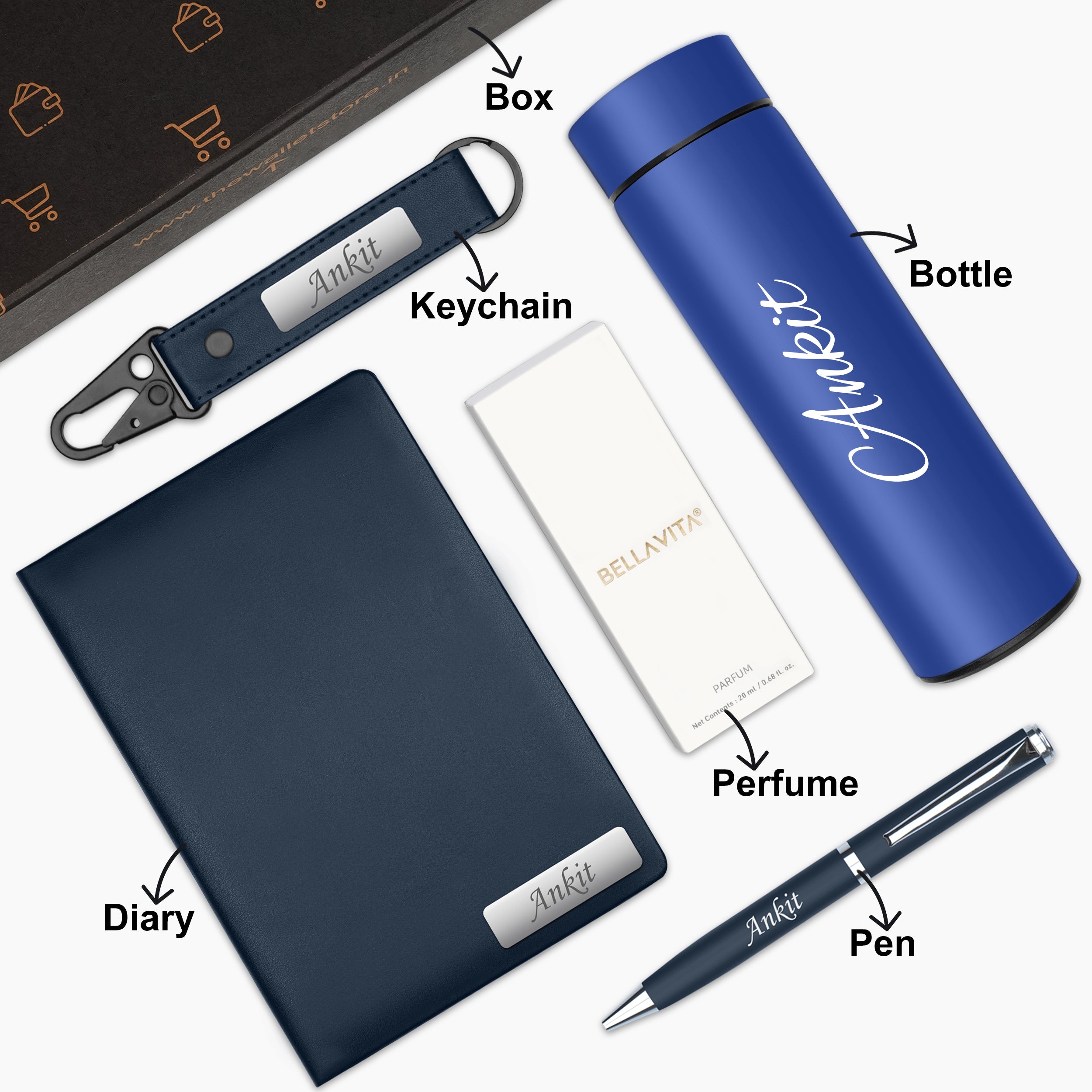 Personalized Signature Luxe Diary Pen Keychain Perfume & Flask Gift Set - Blue