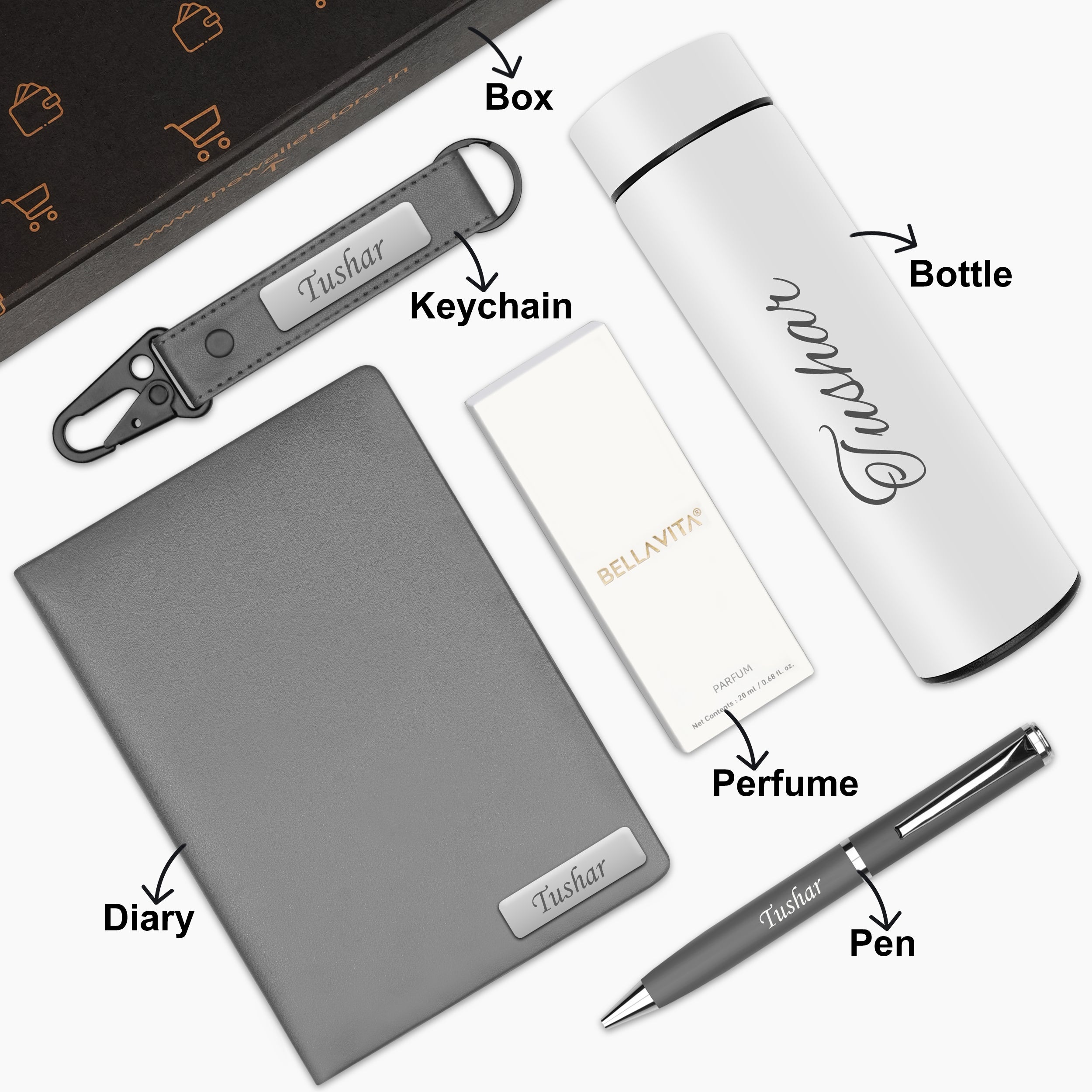 Personalized Signature Luxe Diary Pen Keychain Perfume & Flask Gift Set - Grey