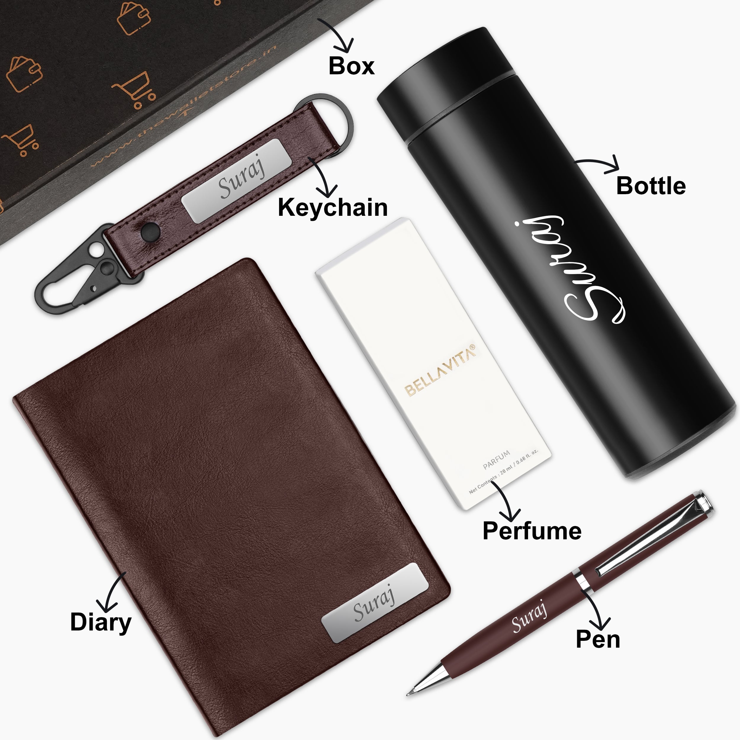 Personalized Signature Luxe Diary Pen Keychain Perfume & Flask Gift Set - Brown